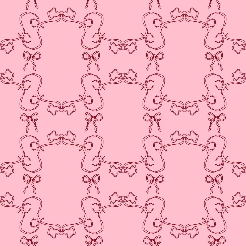 Vintage style coquette ribbon frame seamless pattern. Delicate girly print for fabric, paper, textile. Hand drawn illustration. vector