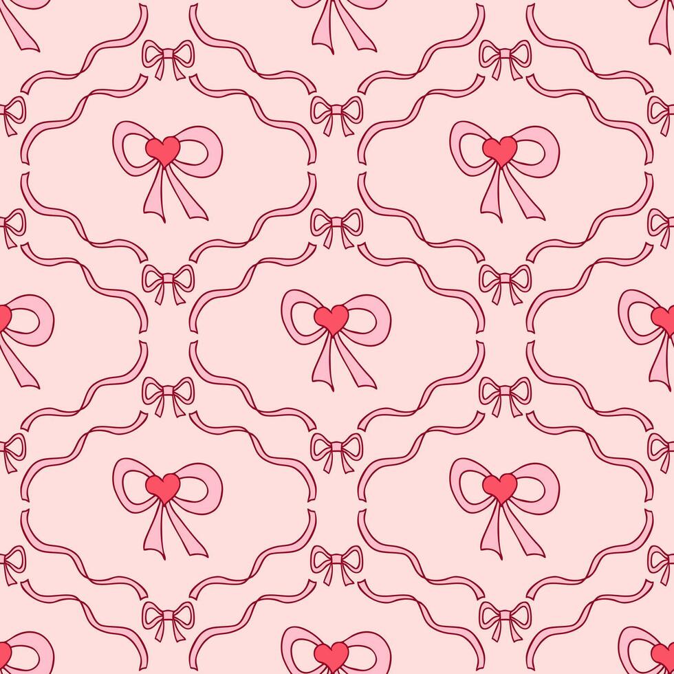 Coquette ribbon bow frame seamless pattern. Romantic doodle print for fabric, paper, textile. Hand drawn illustration. vector