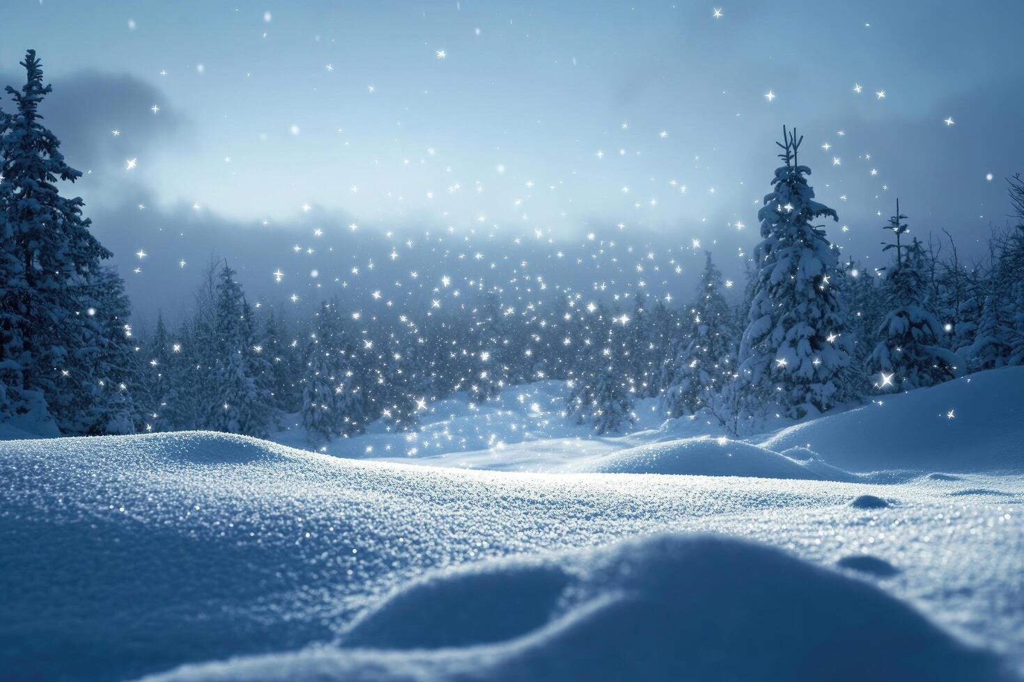 A magical winter scene with snow-covered hills and sparkling lights photo