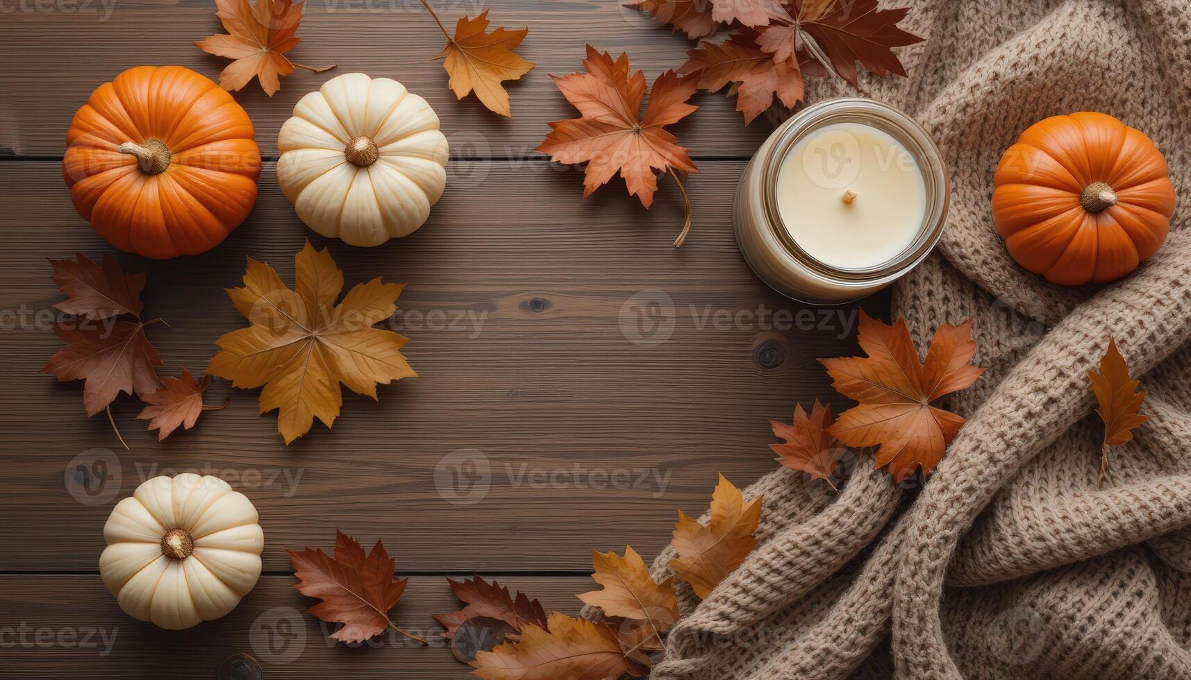 Autumn Arrangement With Pumpkins, Leaves, and a Candle on a Wooden Table photo