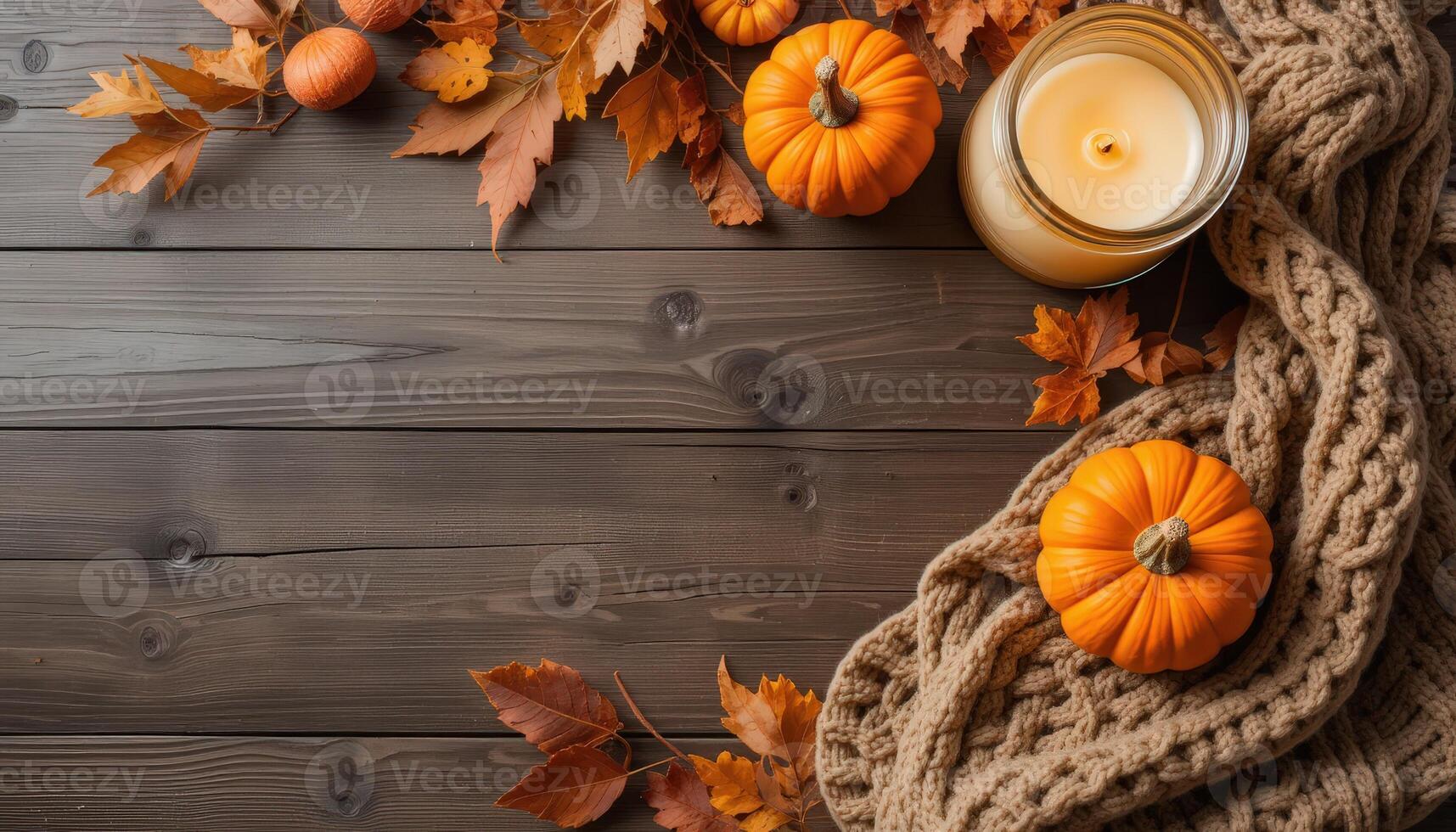 Autumn Decorations With Pumpkins, Cozy Scarf, and Candle Create a Warm Seasonal Atmosphere photo