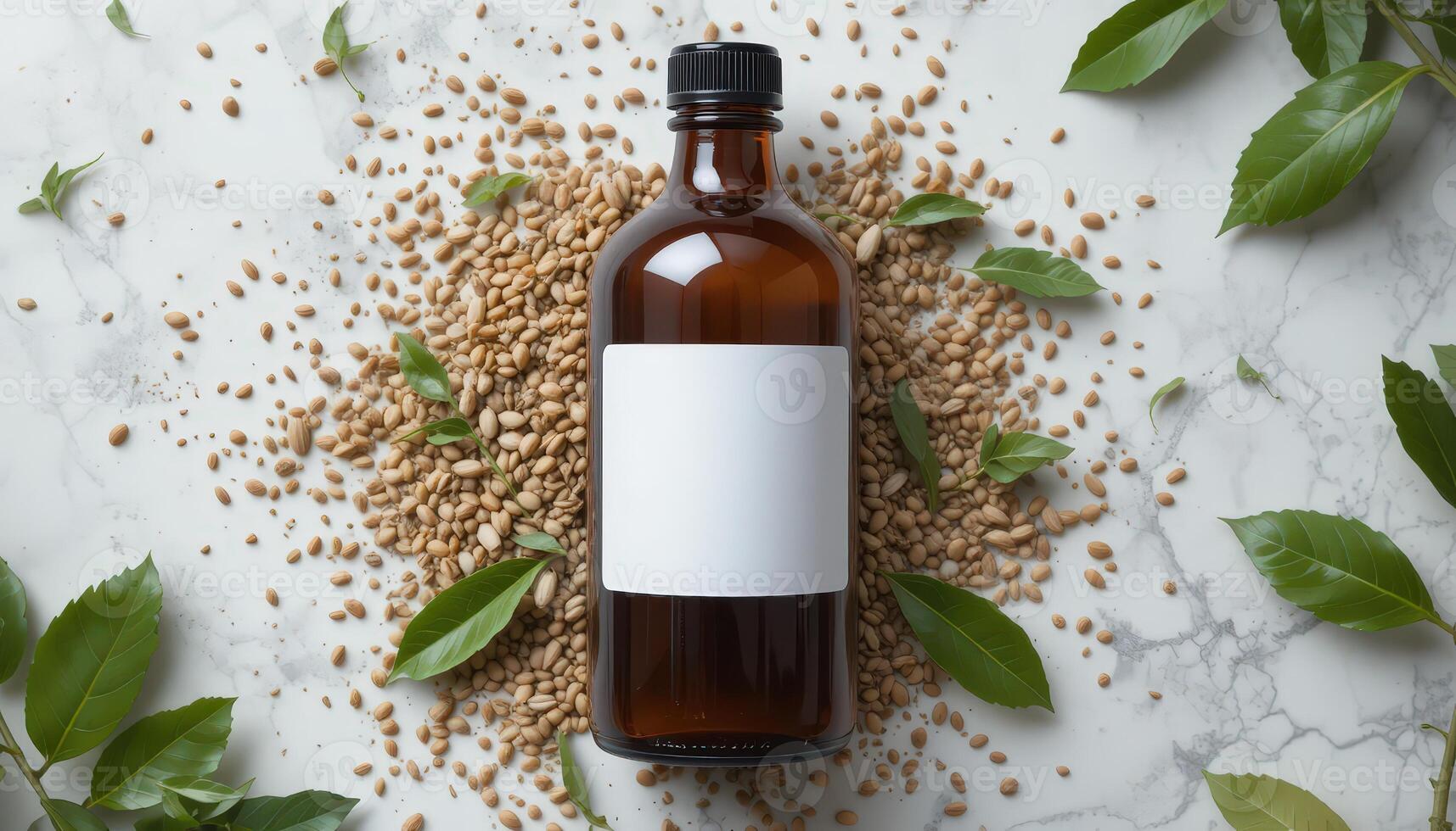 Amber Bottle Surrounded by Sesame Seeds and Green Leaves on a Marble Surface photo
