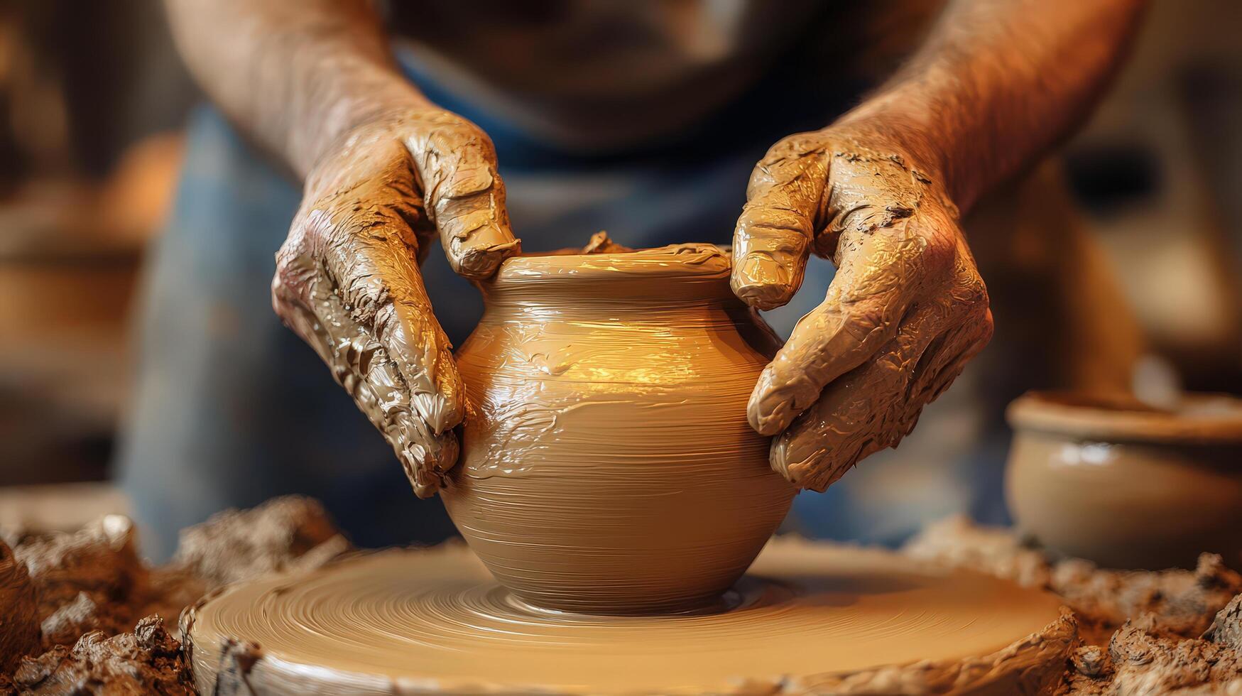 Hands Skillfully Molding a Clay Pottery Vase on a Spinning Wheel in a Serene Workspace photo