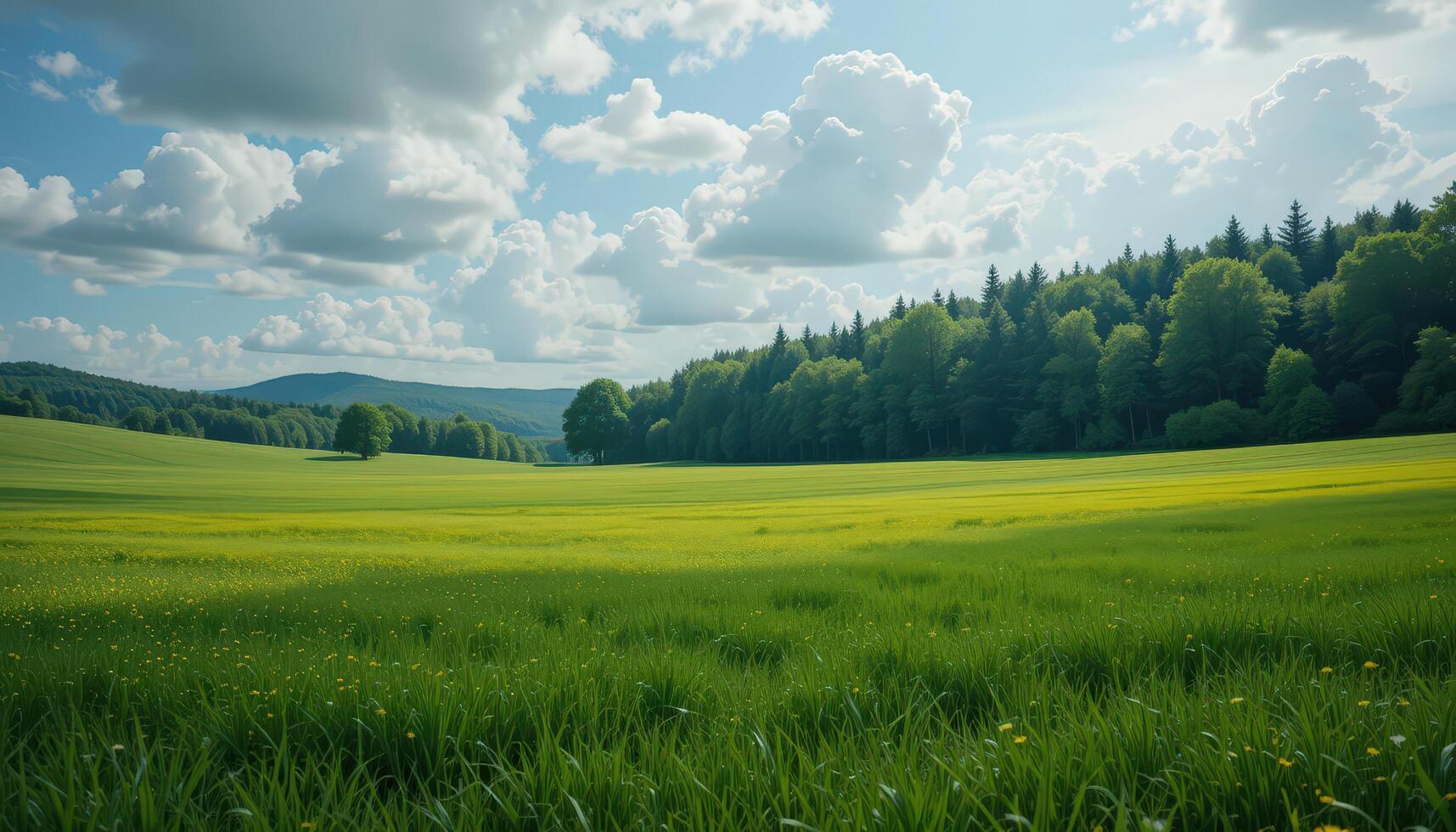 Wide Green Meadow Under a Bright Blue Sky Filled With Fluffy Clouds Near a Lush Forest in the Afternoon photo
