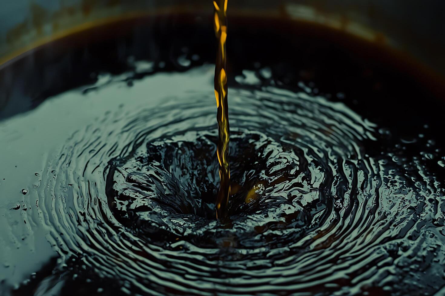 Dark Liquid Pouring into a Bowl, Creating Concentric Ripples. Close-up photography of a dark liquid's impact. photo