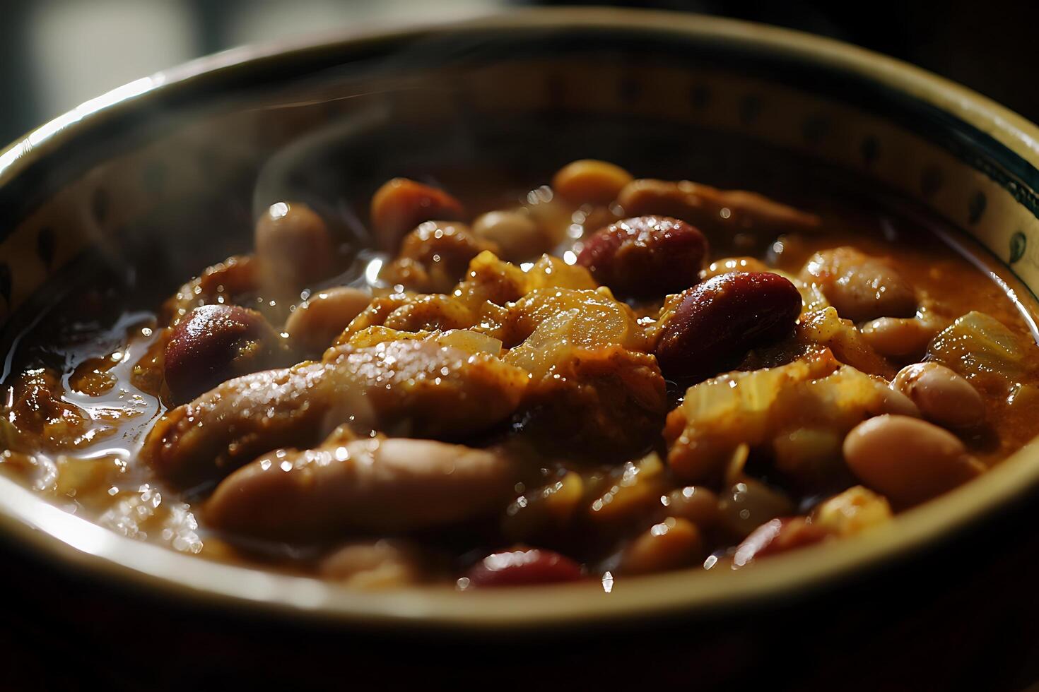 Steaming Bowl of Hearty Bean Stew, Close-up Food Photography. photo
