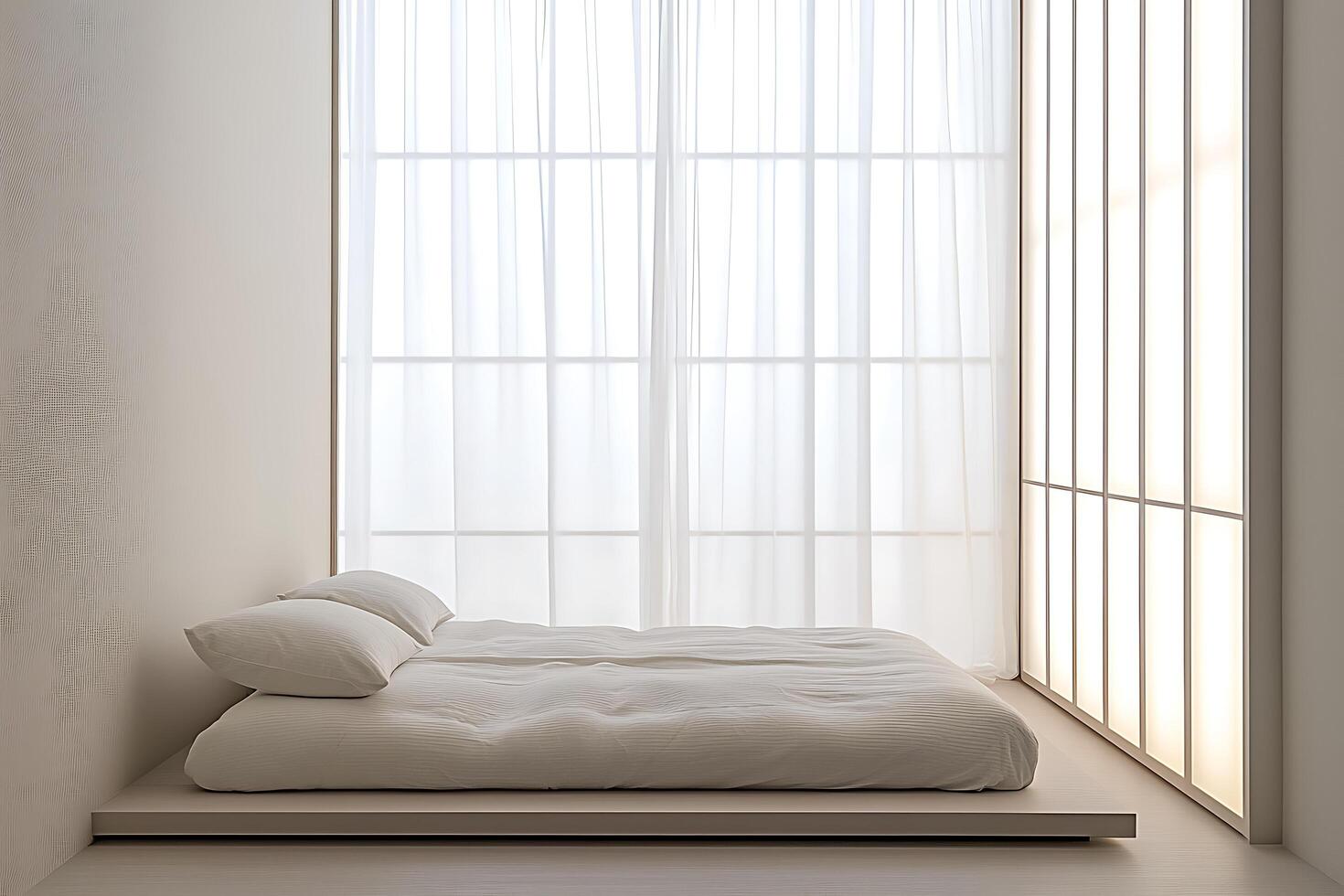 Serene Minimalist Bedroom Platform Bed and Sheer Curtains in a Bright, Tranquil Space. photo