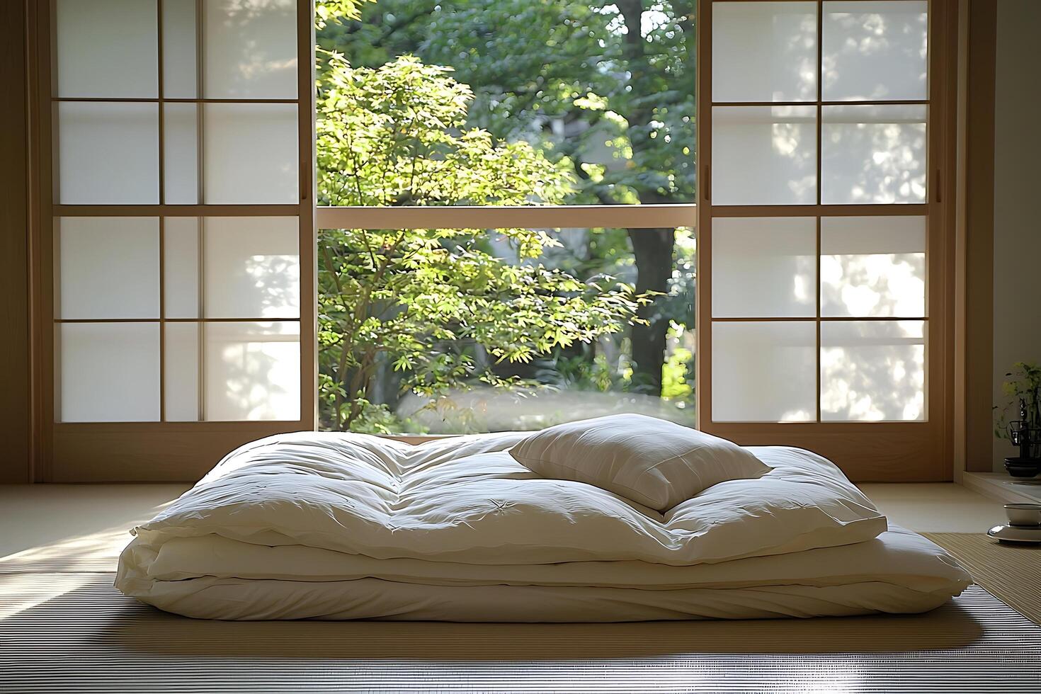 Serene Japanese-Style Bedroom with Futon and Garden View. Sunlight streams through traditional shoji screens onto a comfortable futon bed. photo