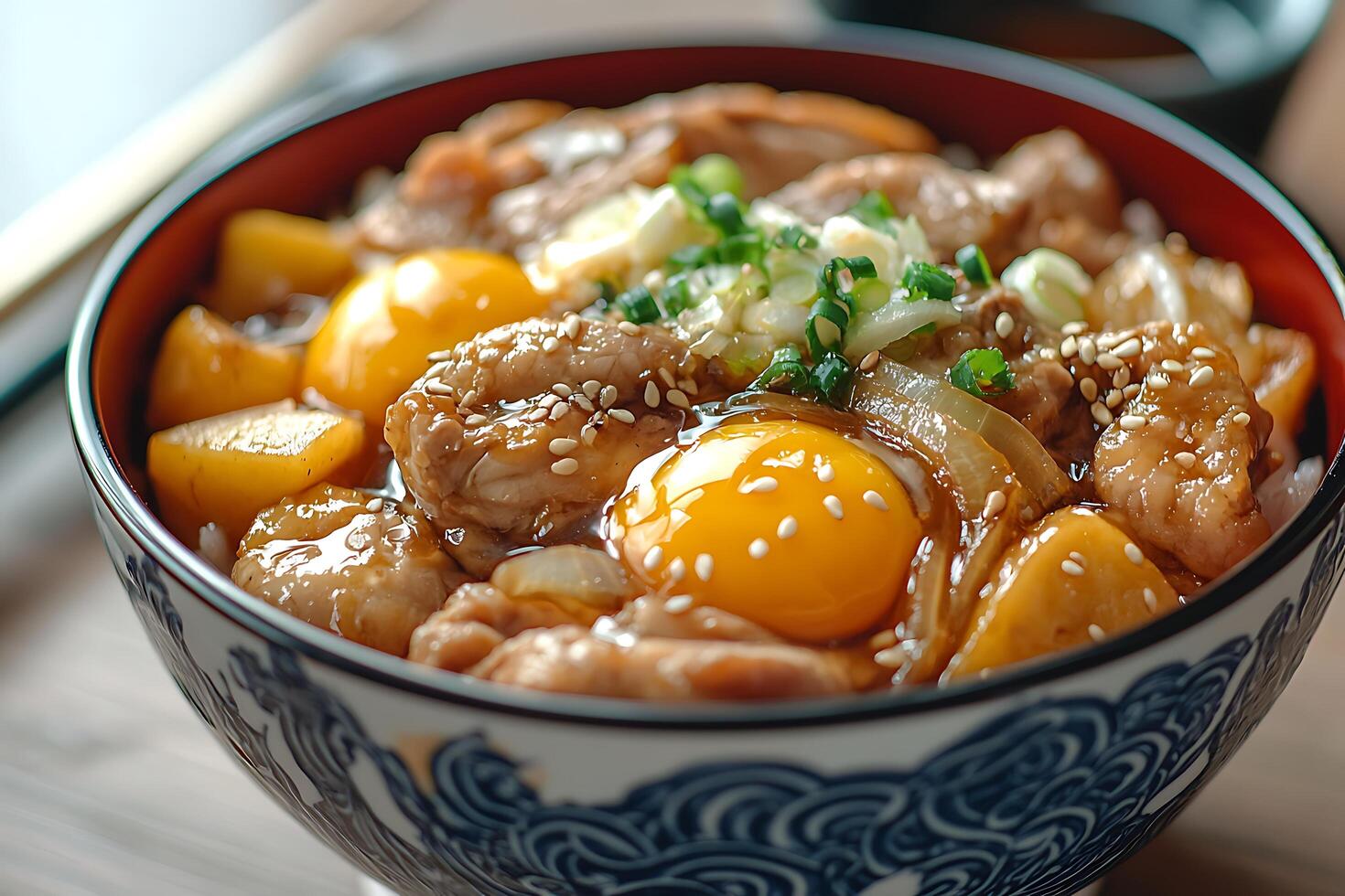 Delicious Chicken Teriyaki Donburi with Egg Yolk and Sesame Seeds. A close-up shot of a traditional Japanese dish served in a decorative bowl. photo