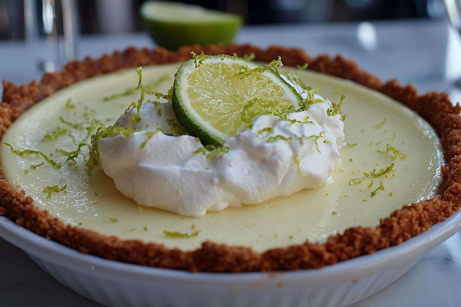 Delicious Key Lime Pie with Whipped Cream and Lime Zest. photo