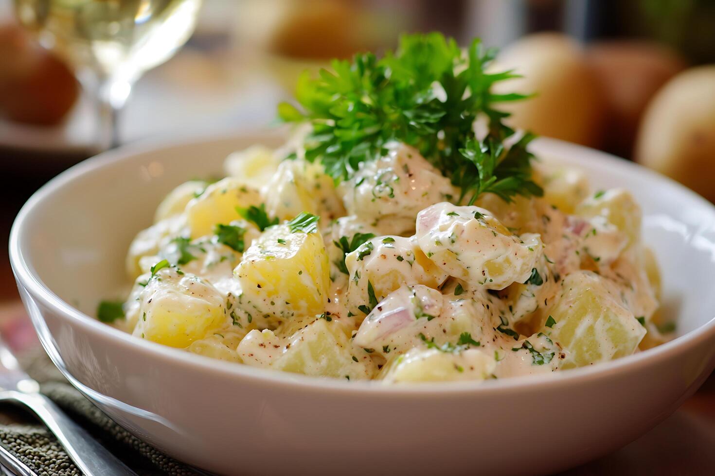 Creamy Potato Salad with Fresh Parsley in a White Bowl. photo