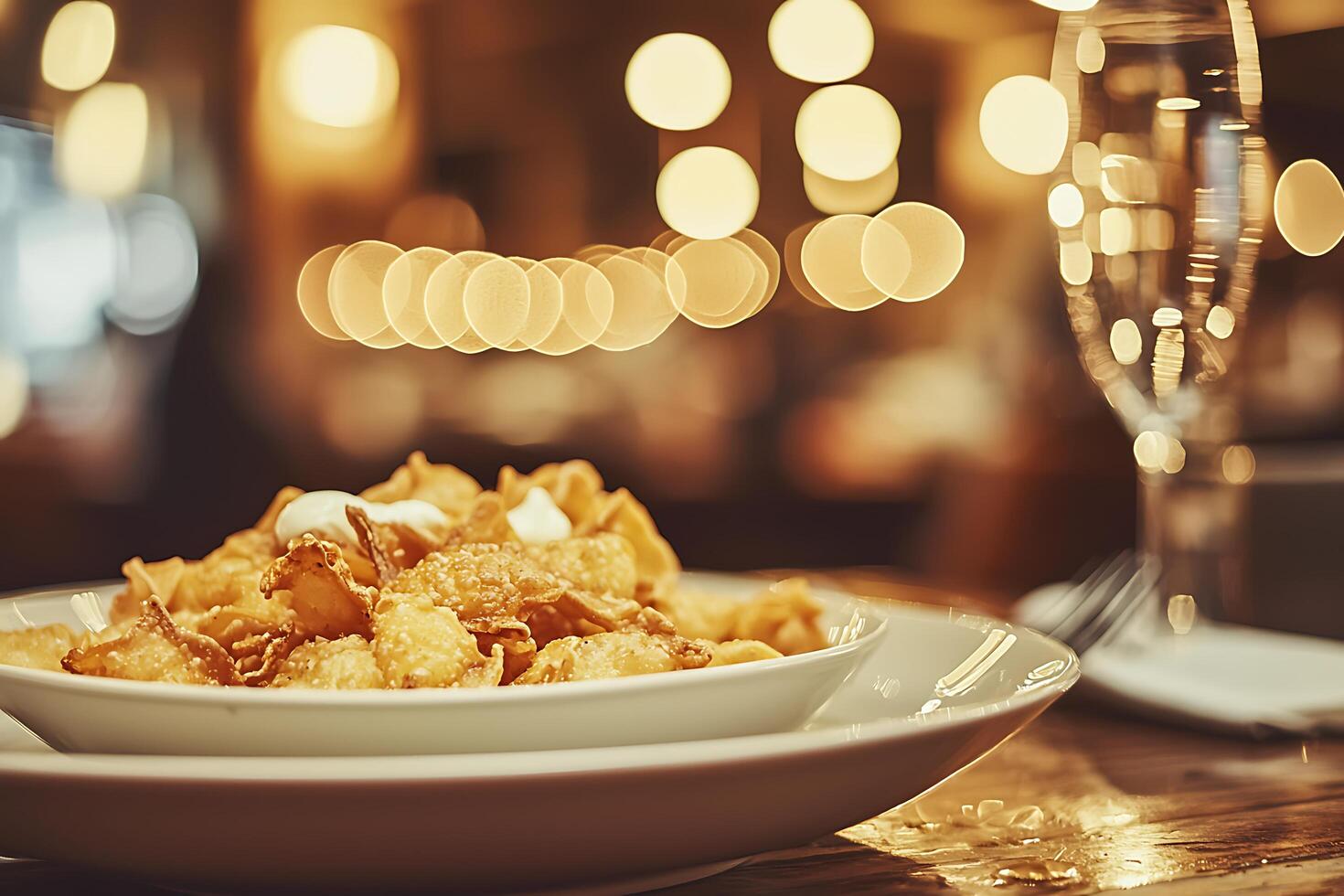 Delicious Fried Food in a Bowl at a Restaurant with Bokeh Lights. photo
