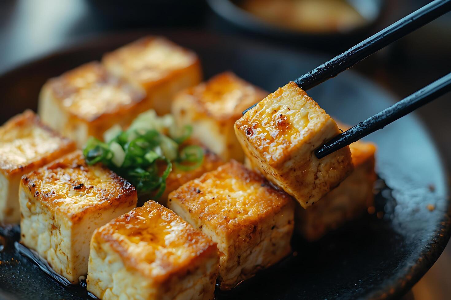 Close-up of Pan-Fried Tofu Cubes with Chopsticks. photo