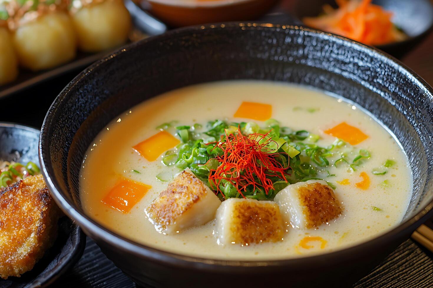 Delicious Creamy Soup with Toasted Cubes and Orange Accents. photo