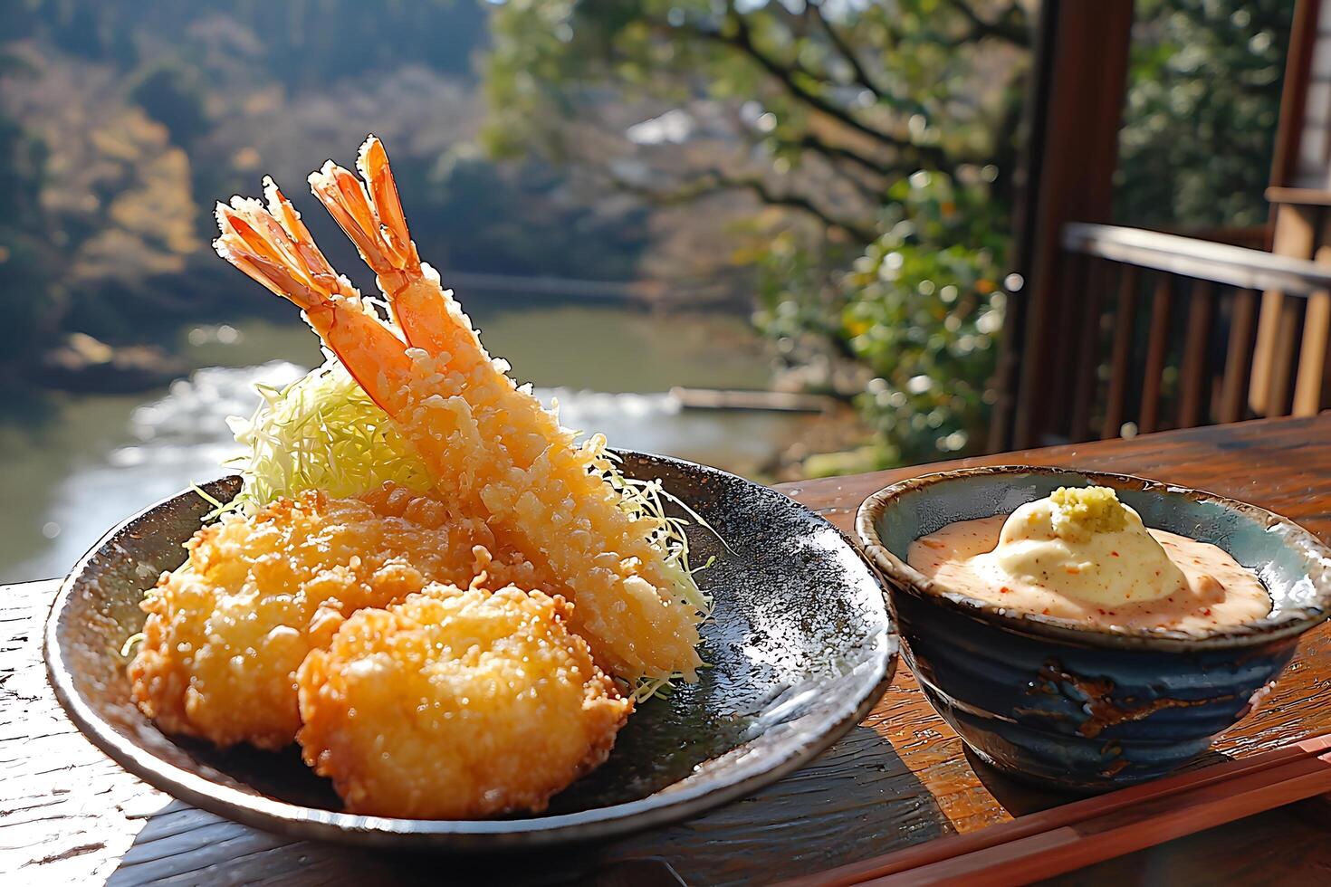 Delicious Tempura Shrimp with Dipping Sauce A Culinary Delight by a Scenic River. photo