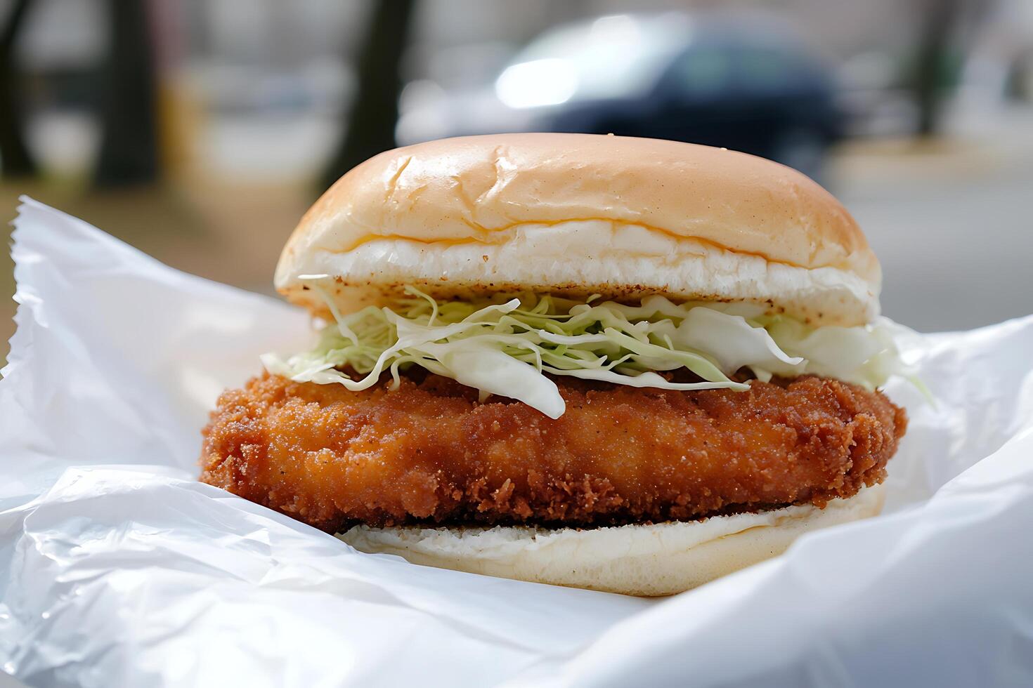Delicious Crispy Chicken Sandwich in Paper Wrapper. photo