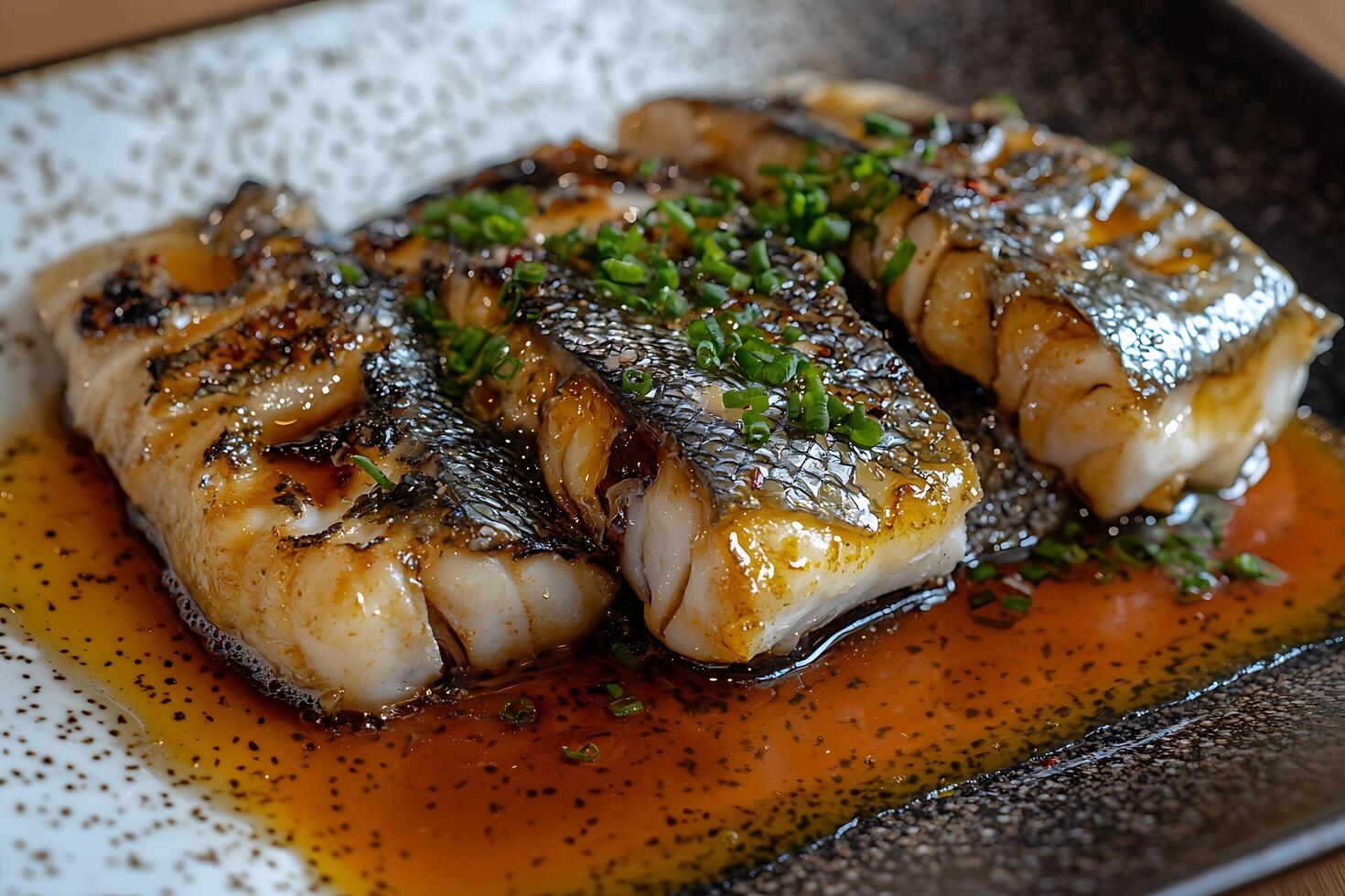 Close-up of Delicious Grilled Fish Fillet with Glaze and Green Onions. photo