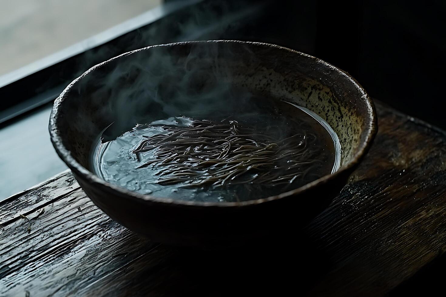 Steaming Bowl of Dark Noodles on Rustic Wood Surface A Close-Up Image of a Traditional Dish. photo
