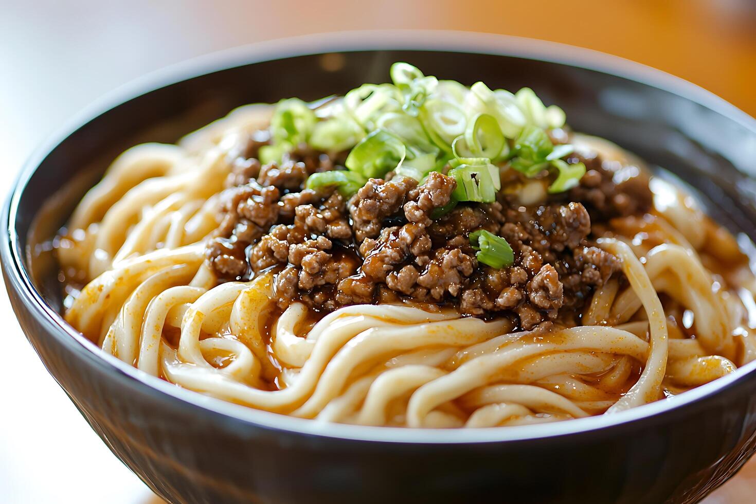 Close-up of Delicious Udon Noodles with Ground Meat and Scallions. photo