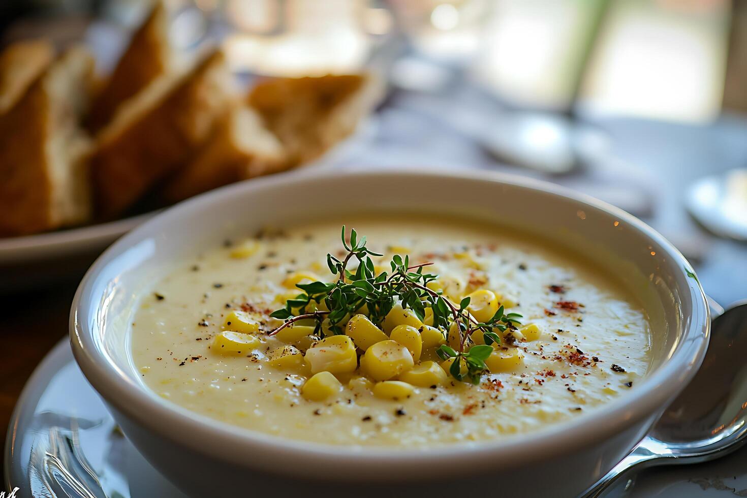 Creamy Corn Soup Garnish with Thyme in a White Bowl. photo