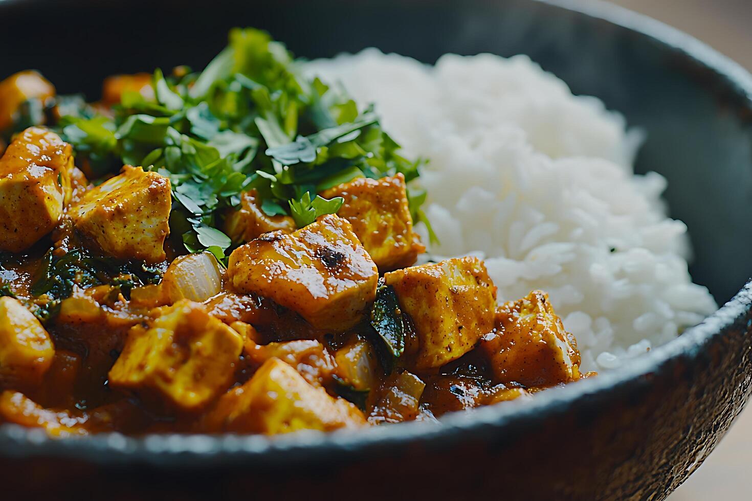 Close-up of Aromatic Tofu Curry Served with Rice. A vibrant and delicious Indian-inspired dish perfect for a healthy and flavorful meal. photo