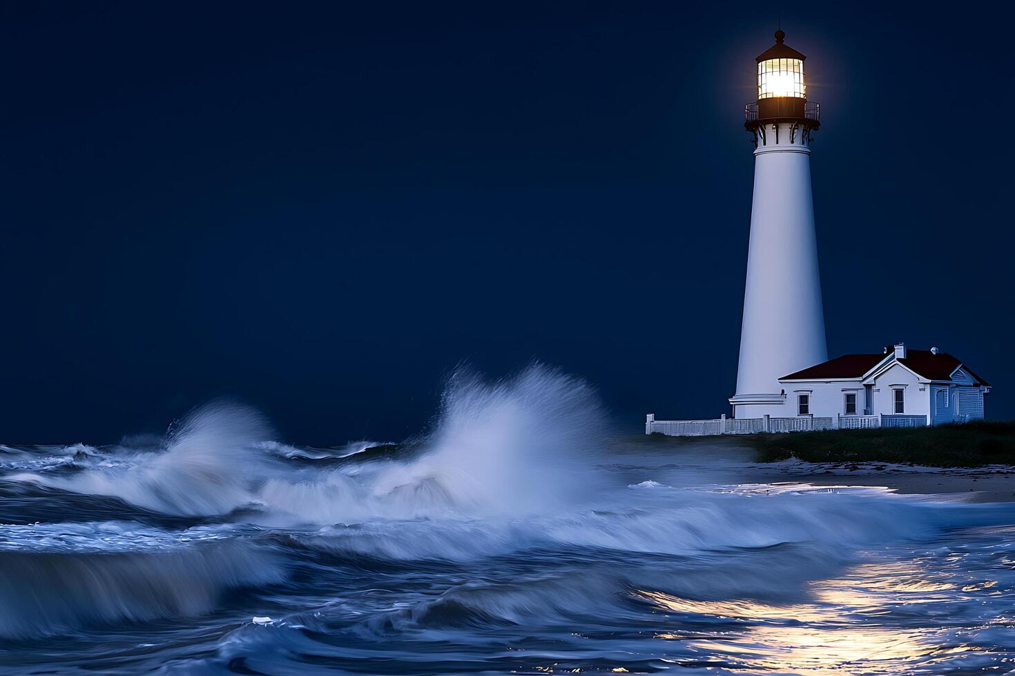 Illuminated Lighthouse with Crashing Waves at Night. A dramatic coastal scene featuring a tall lighthouse and powerful ocean waves under a dark blue sky. photo