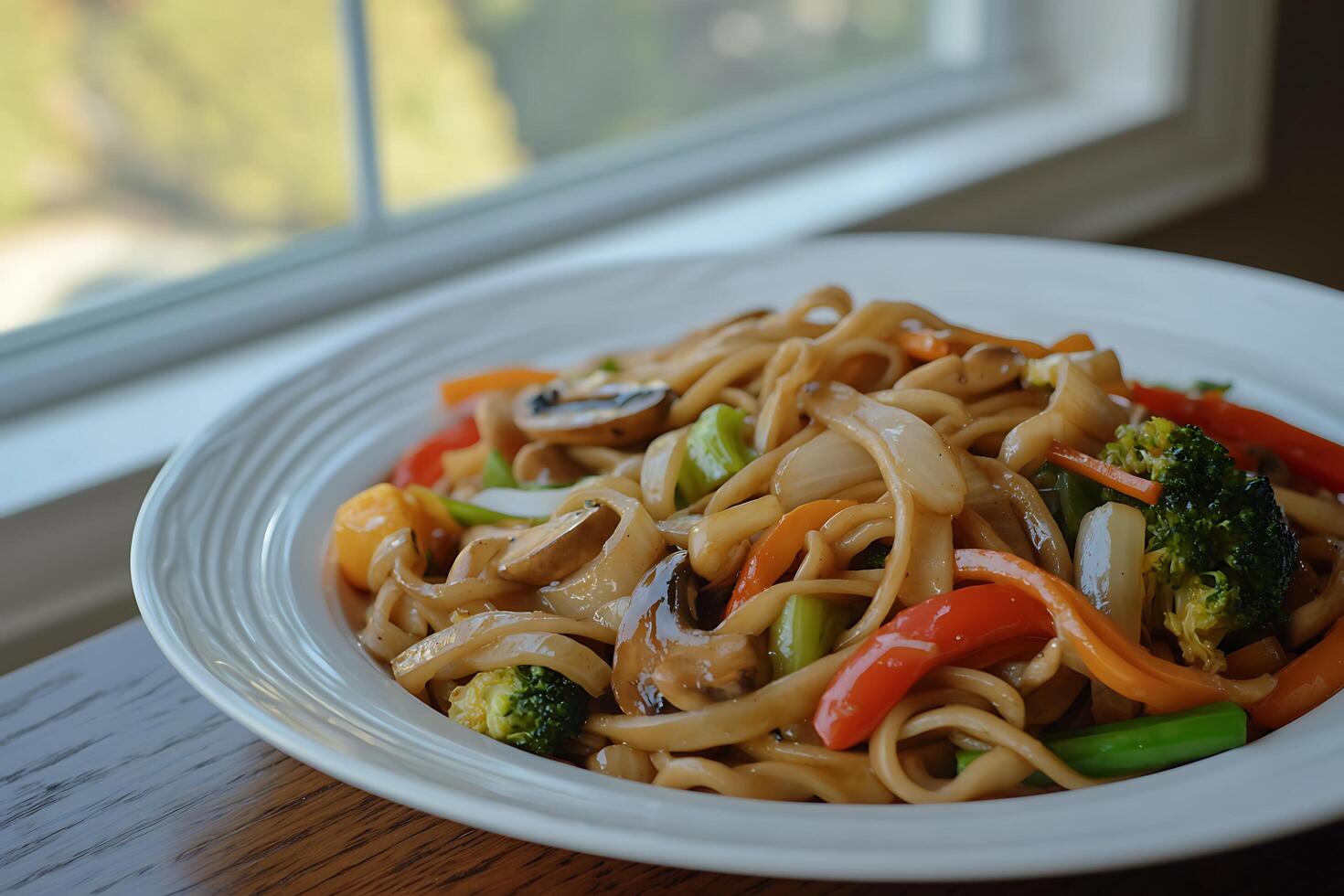 Delicious Udon Noodles with Assorted Vegetables and Mushrooms. photo