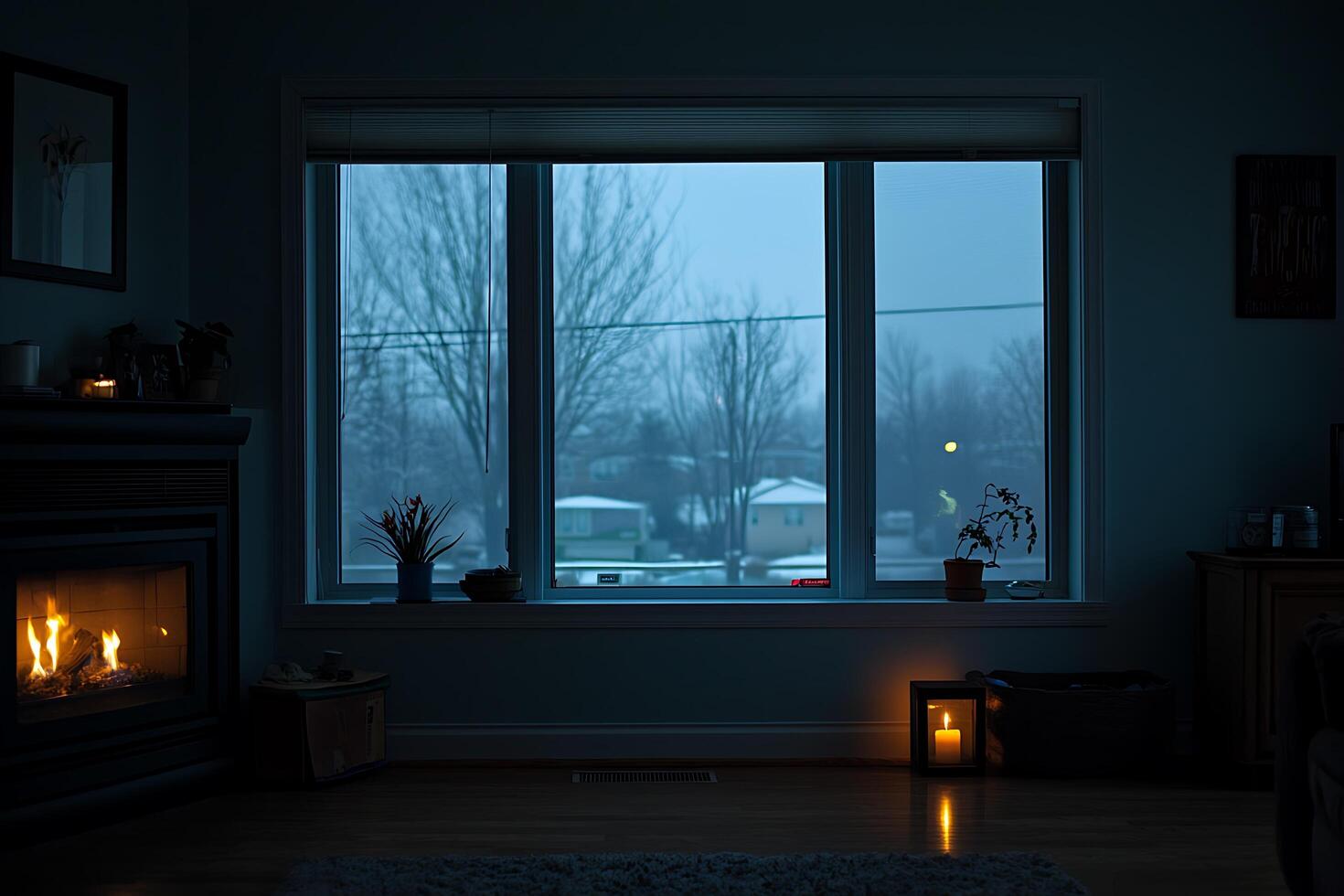 Cozy Evening at Home Fireside Comfort and Winter Window View. photo
