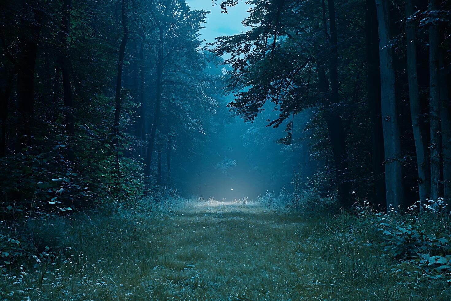 Enigmatic Forest Path at Dusk A Serene Night Scene. photo