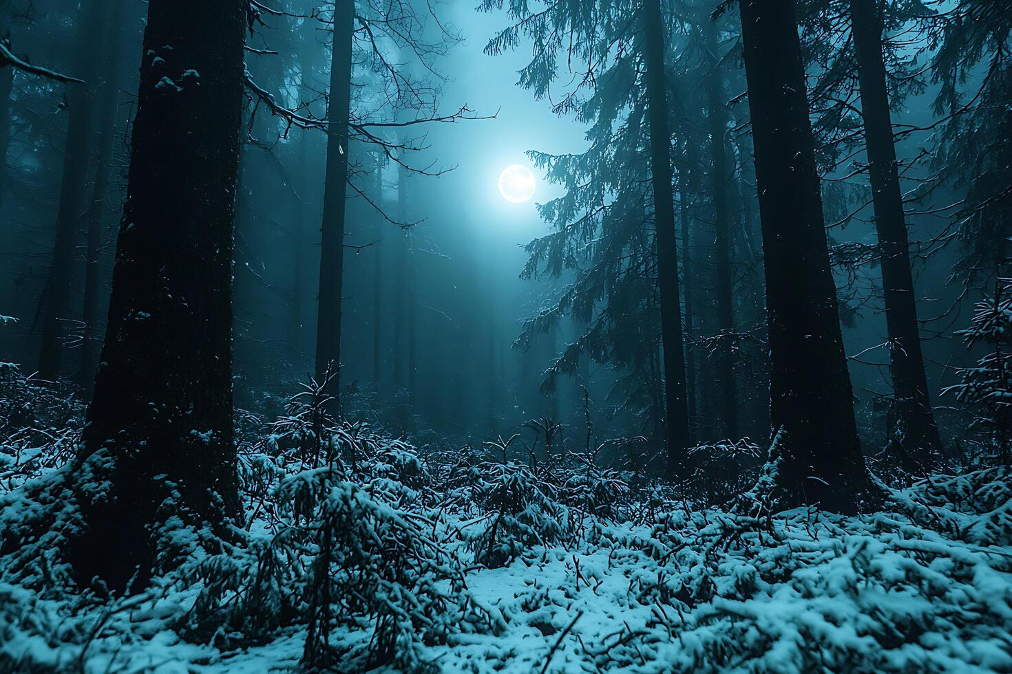 Enchanting Moonlit Winter Forest Scene. photo