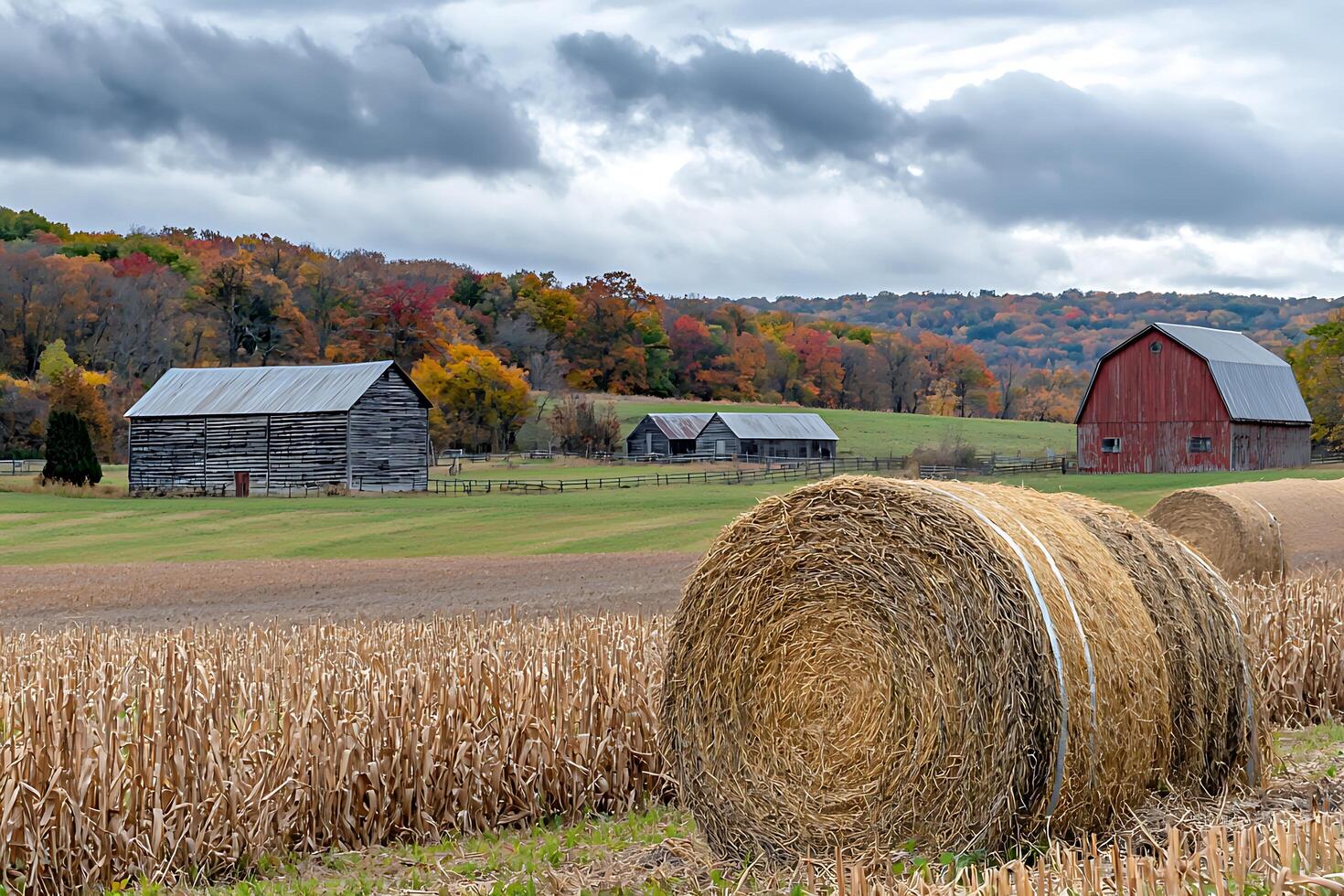 Rural Autumn Scene Barns and Hay Bales in a Colorful Landscape. photo