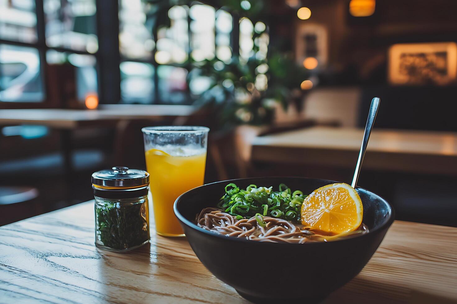 Delicious Japanese Noodles with Orange Slice and Green Onions in a Cozy Restaurant Setting. photo