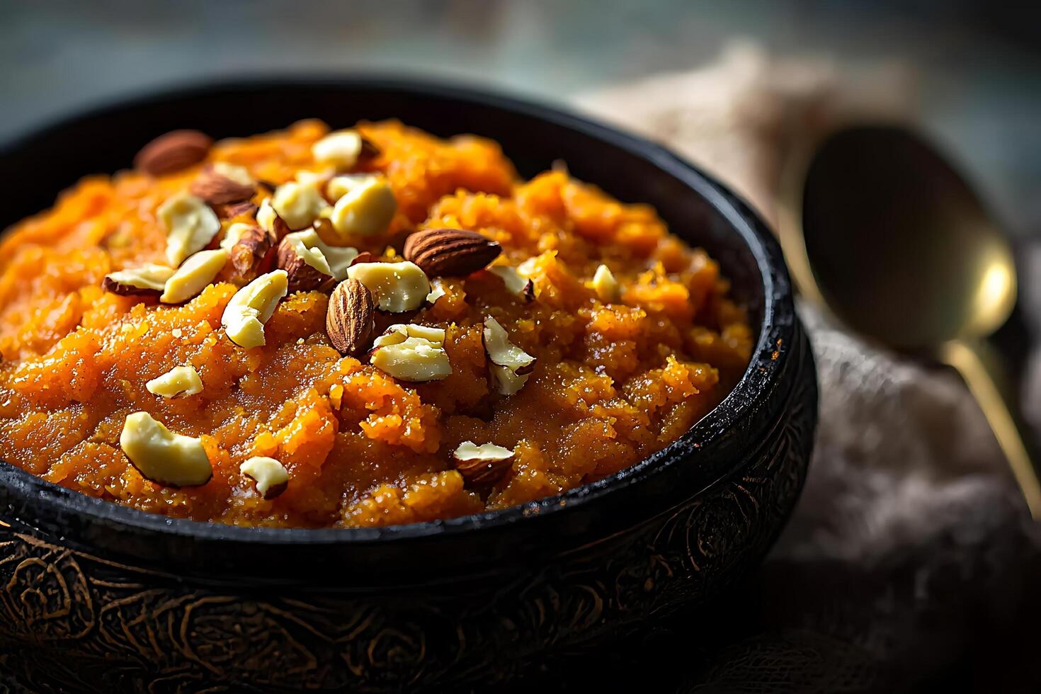 Close-up of Delicious Gajar ka Halwa in an Ornate Bowl. photo