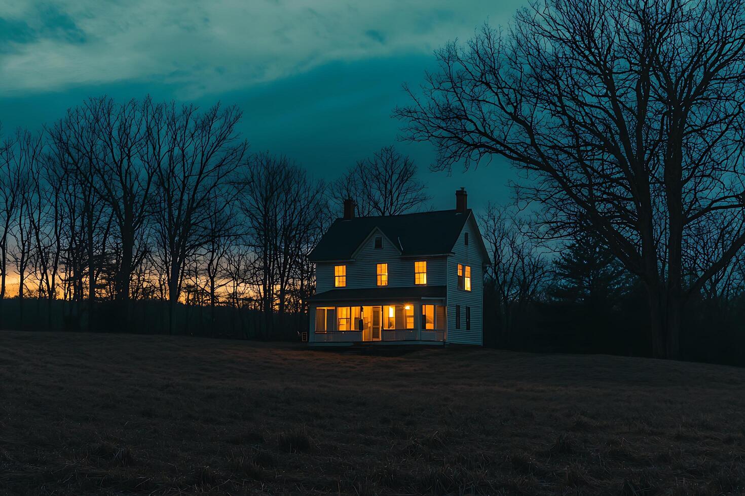 Illuminated Farmhouse at Dusk A Serene Countryside Scene. photo