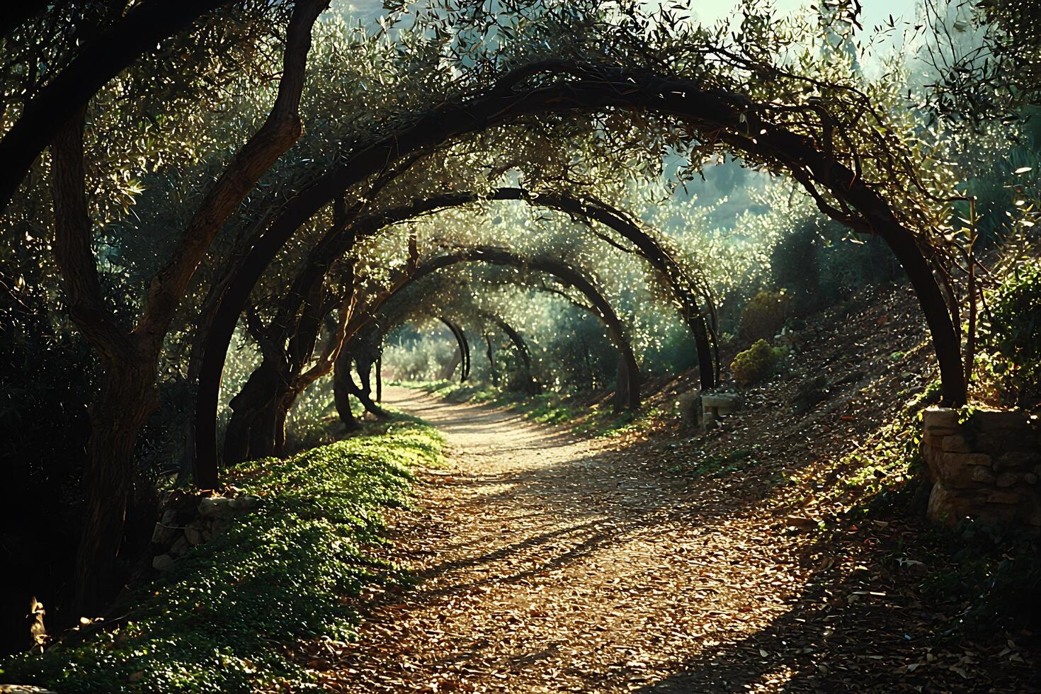 Sunlit Path Through Arching Olive Trees A Serene Nature Scene. photo