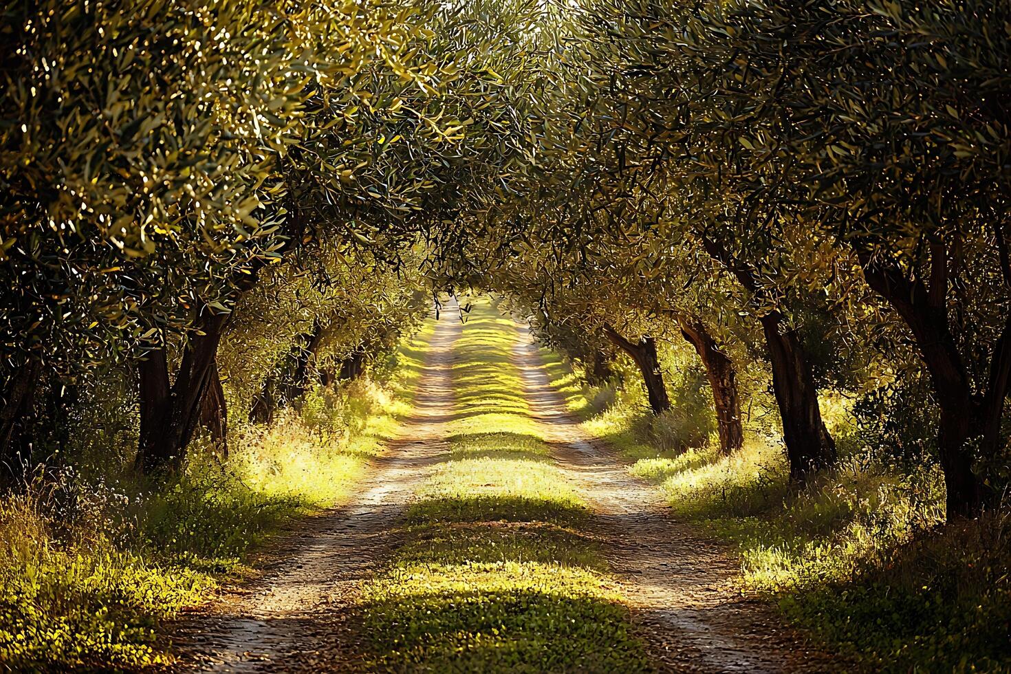 Sunlit Path Through an Olive Grove A Serene Countryside Scene. photo