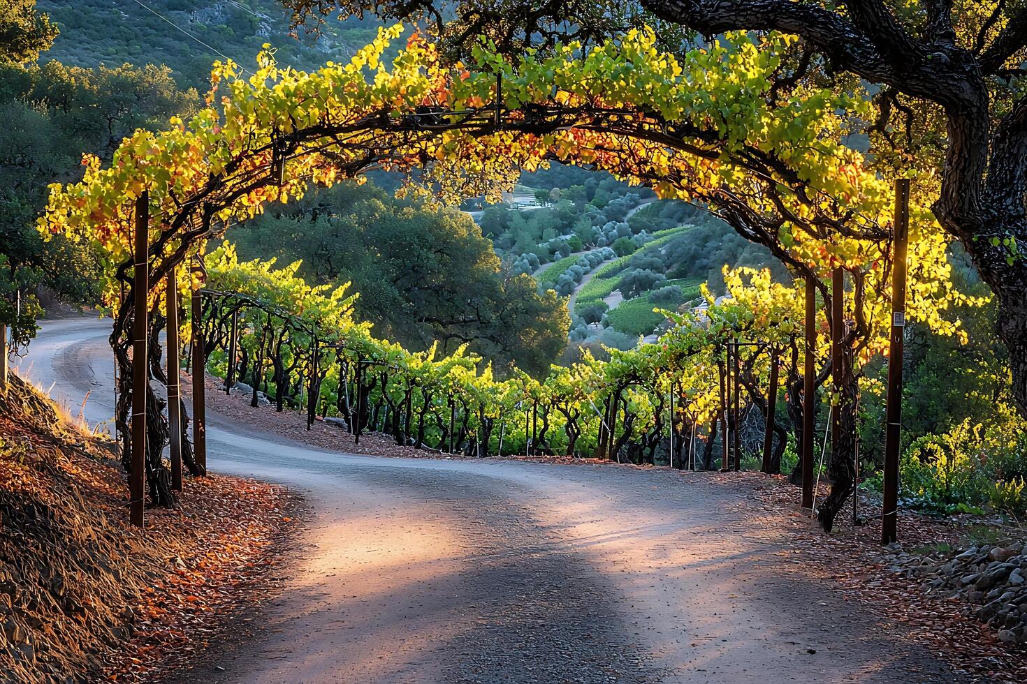 Sunlit Vineyard Road with Grapevine Archway. photo