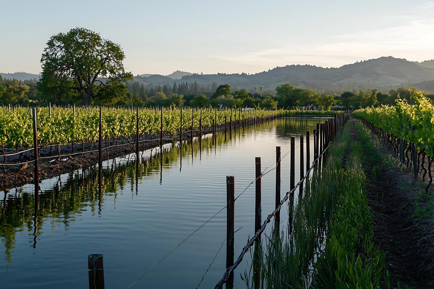 Serene Vineyard Reflections at Sunset A tranquil irrigation canal mirrors the vineyard rows and distant mountains. photo