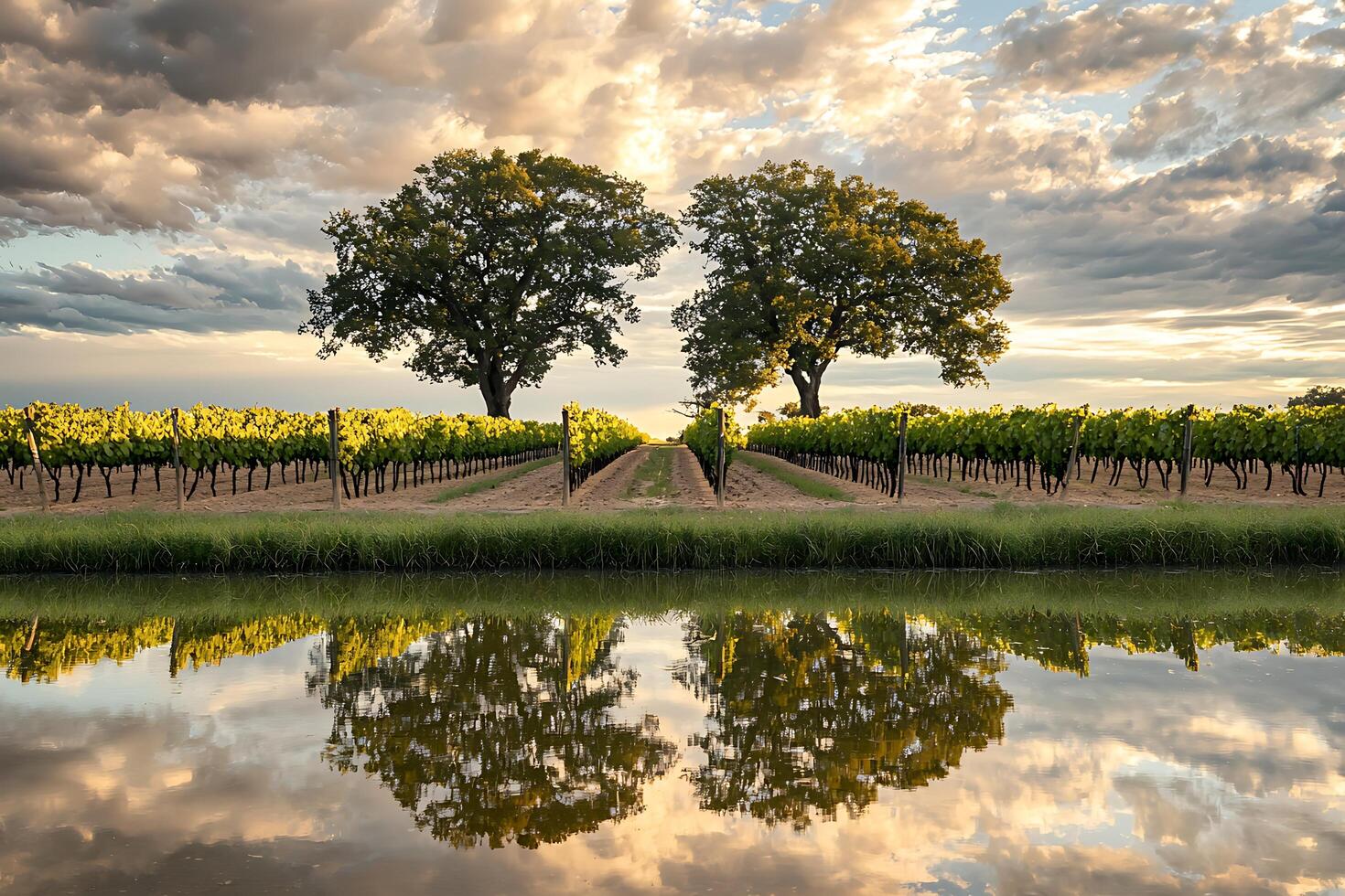 Serene Vineyard Sunset Twin Oaks Mirrored in Still Waters. photo