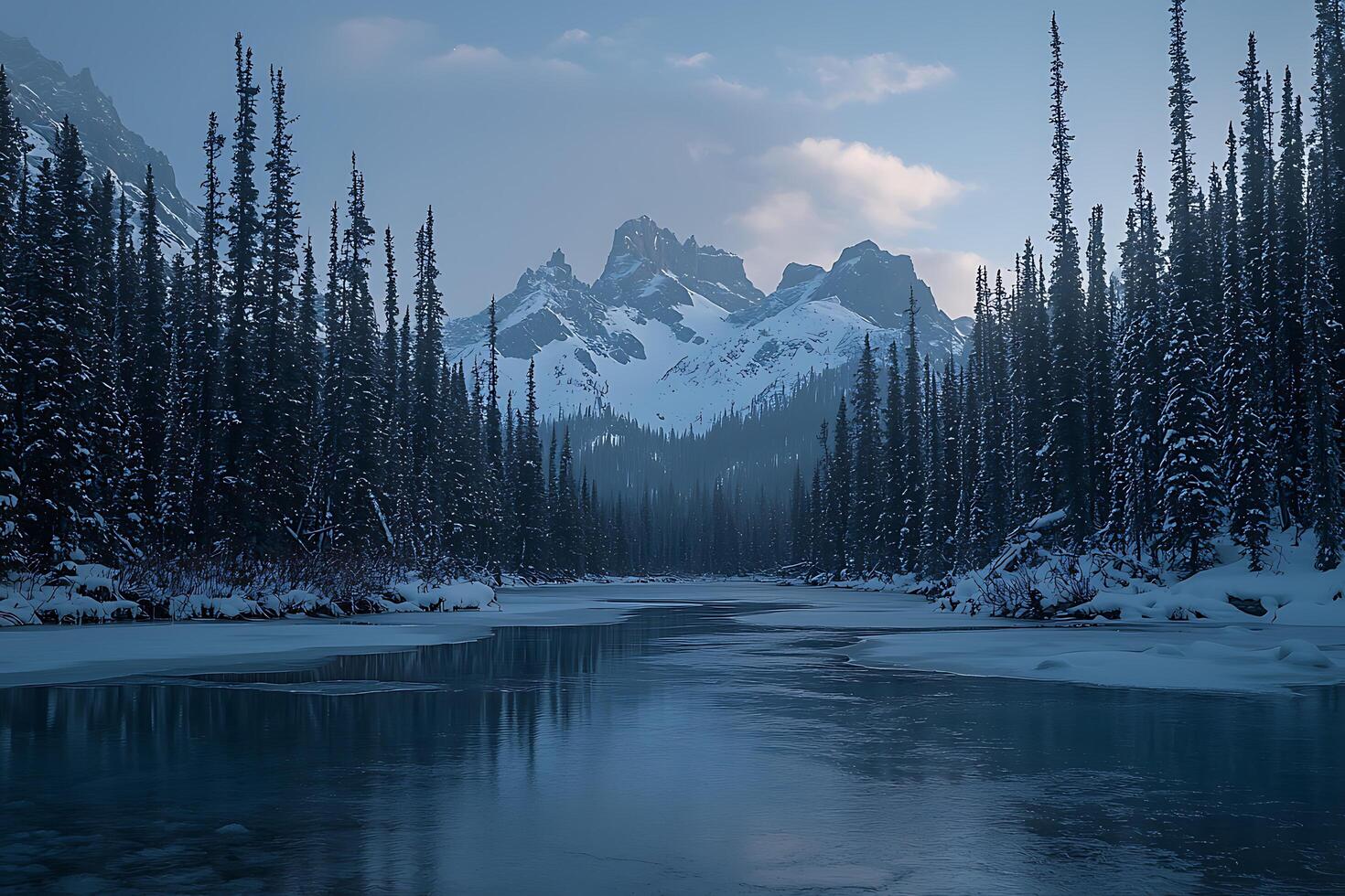 Serene Winter River Flowing Through a Snow Covered Forest Towards Majestic Mountains. photo