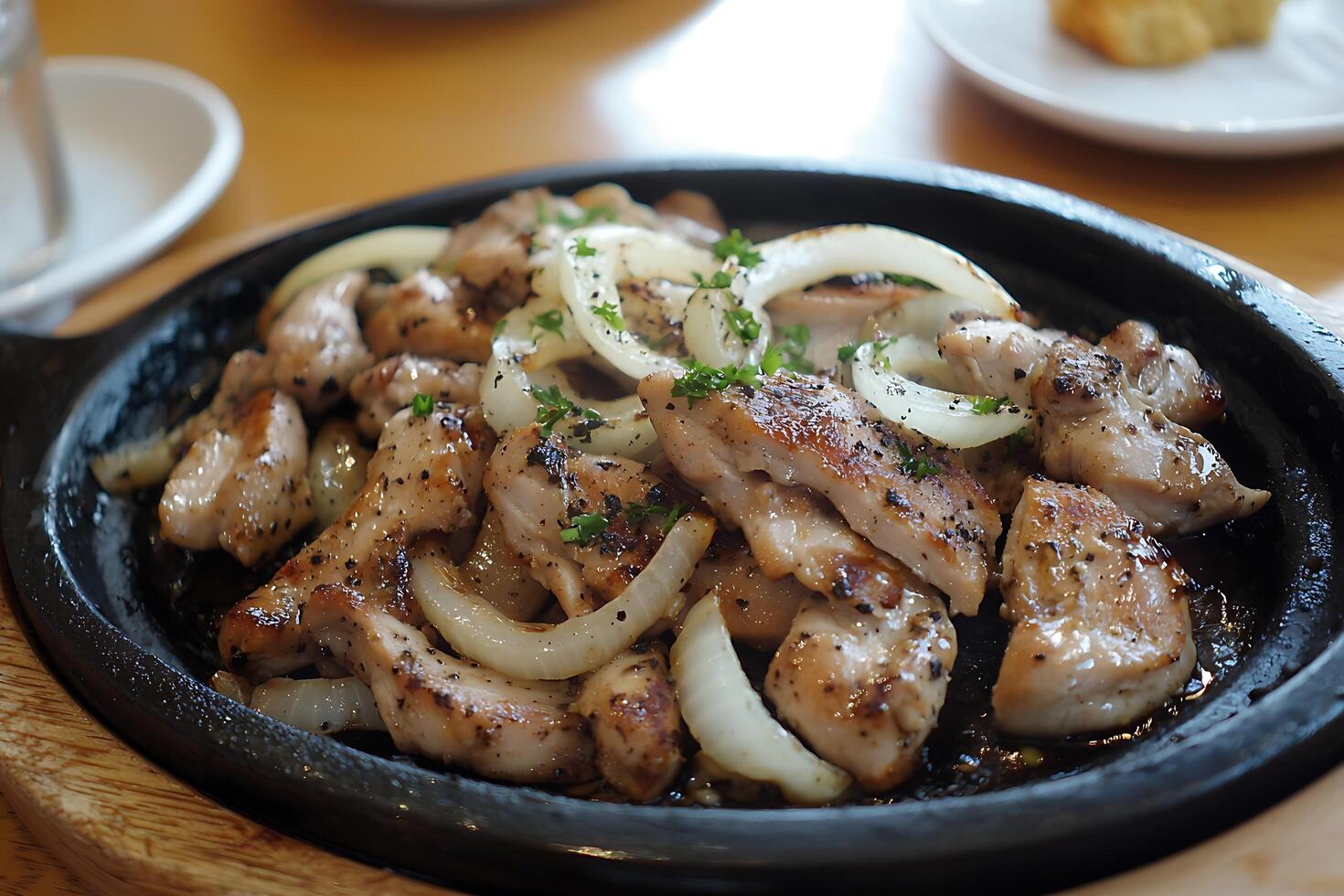 Sizzling Chicken and Onion Dish on a Hot Plate. photo