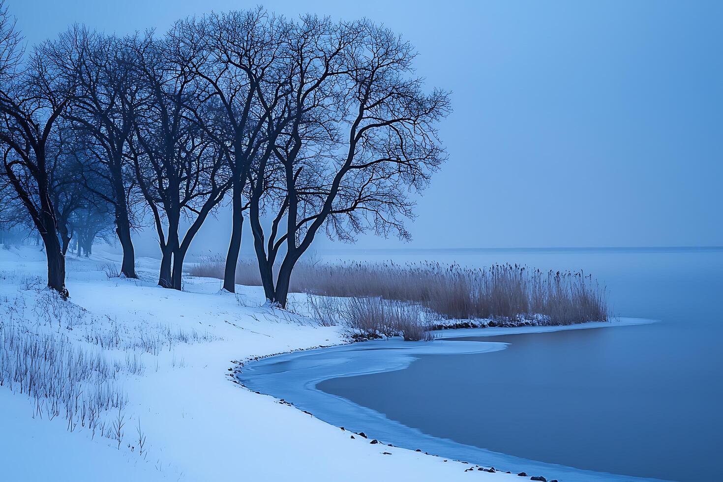 Serene Winter Landscape Frozen Shoreline with Bare Trees. photo