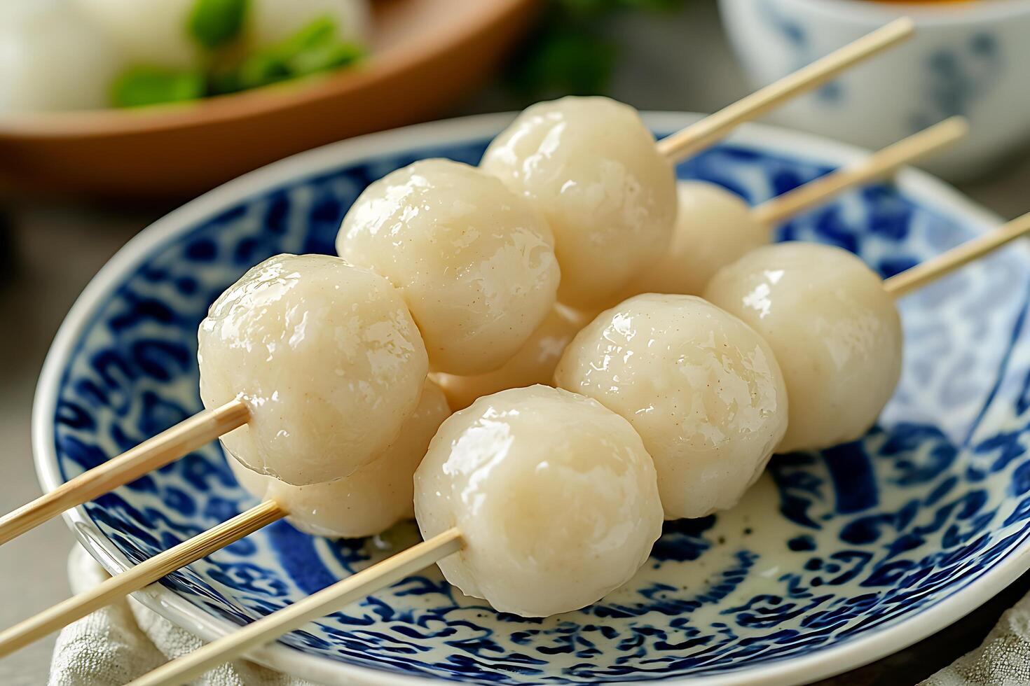 Close-up of Sweet Rice Balls on Skewers in a Blue and White Bowl. photo