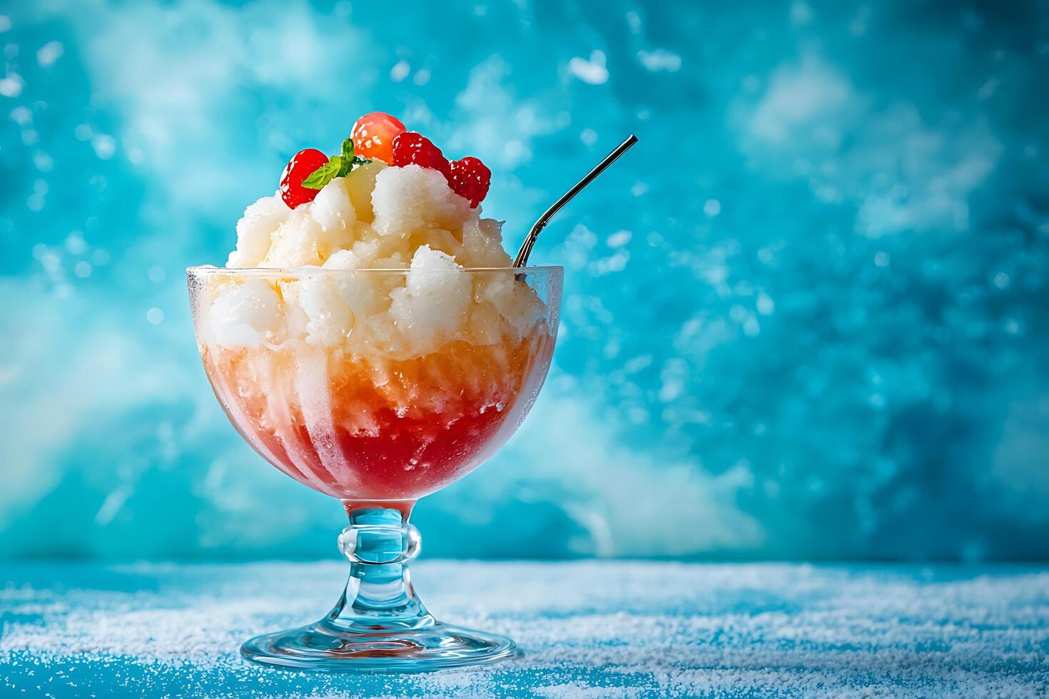 Refreshing Summer Dessert Layered Shaved Ice with Berries in Glass. photo