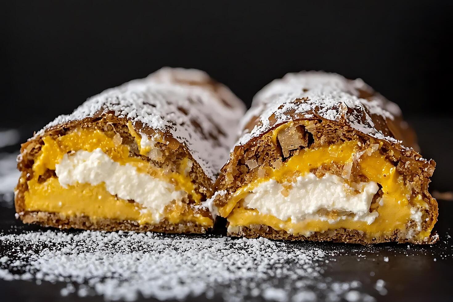 Delicious Pastry Filled with Creamy Filling and Sprinkled with Powdered Sugar. photo