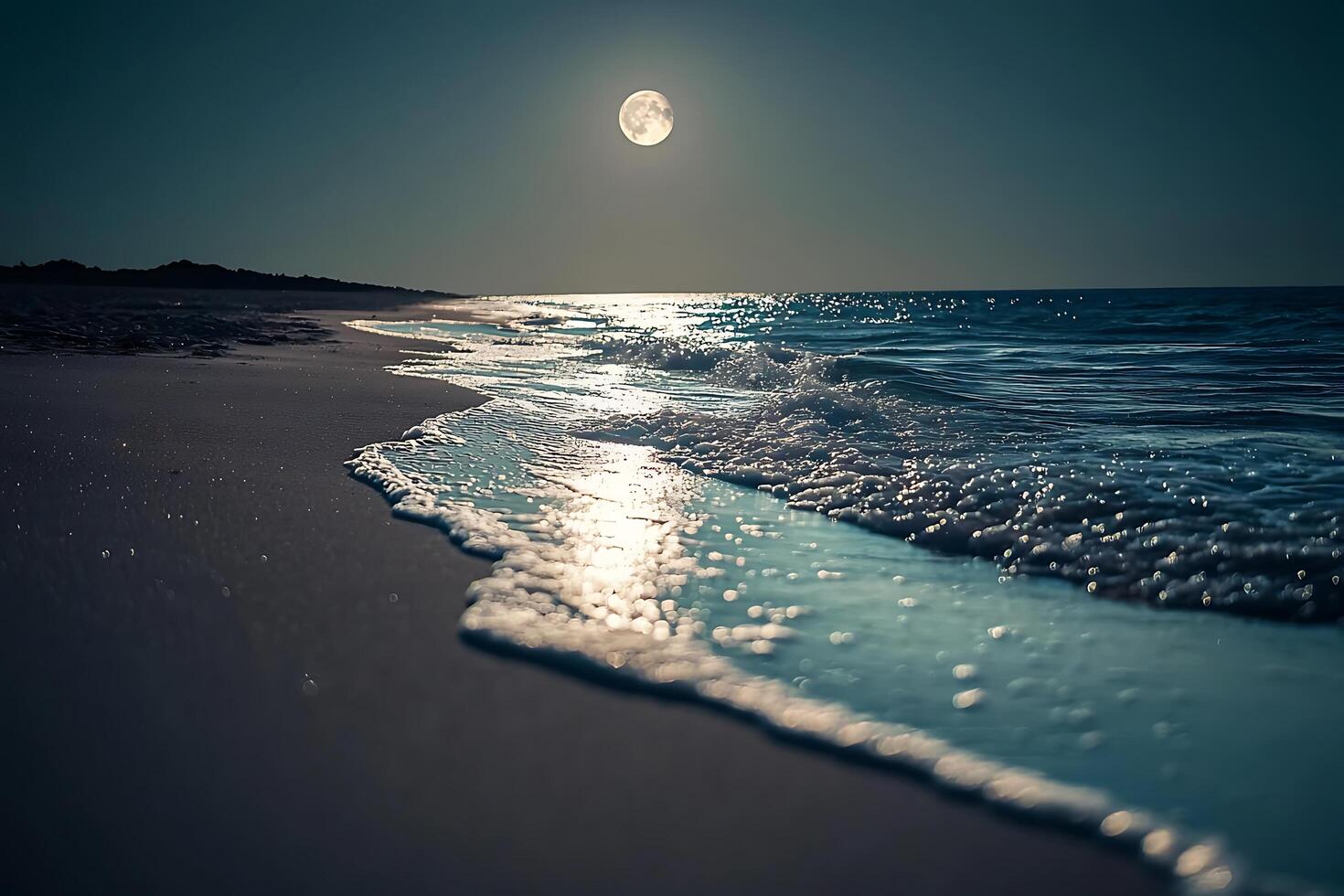 Serene Moonlight Beach Scene Waves Gently Kissing the Shore Under a Full Moon. photo