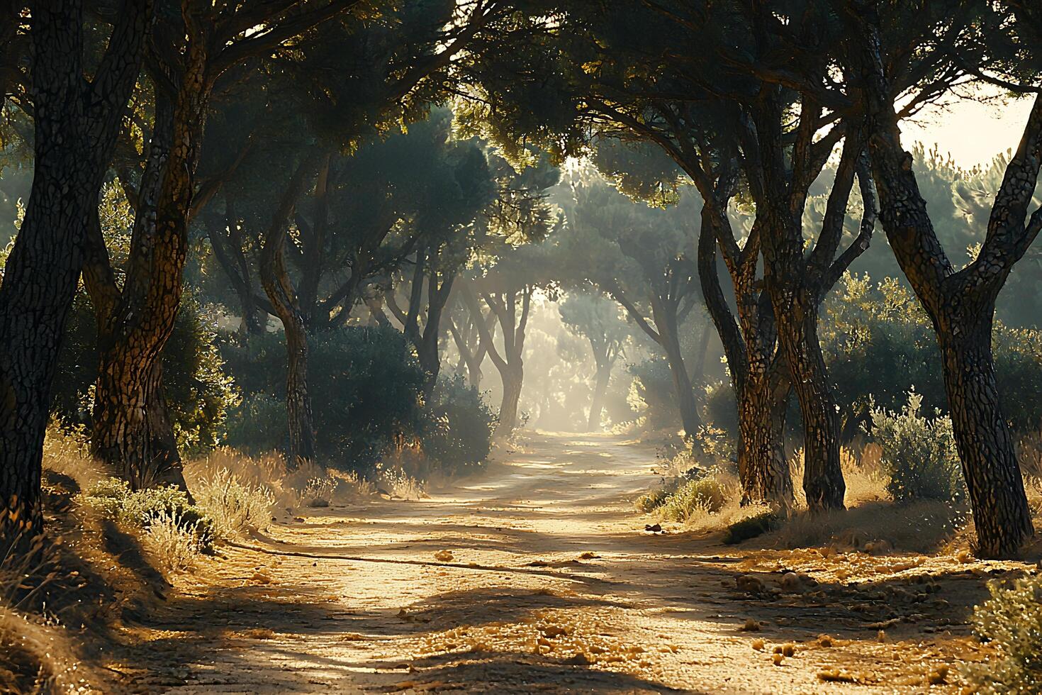 Sunlit Path Through a Canopy of Trees A Serene Nature Scene. photo