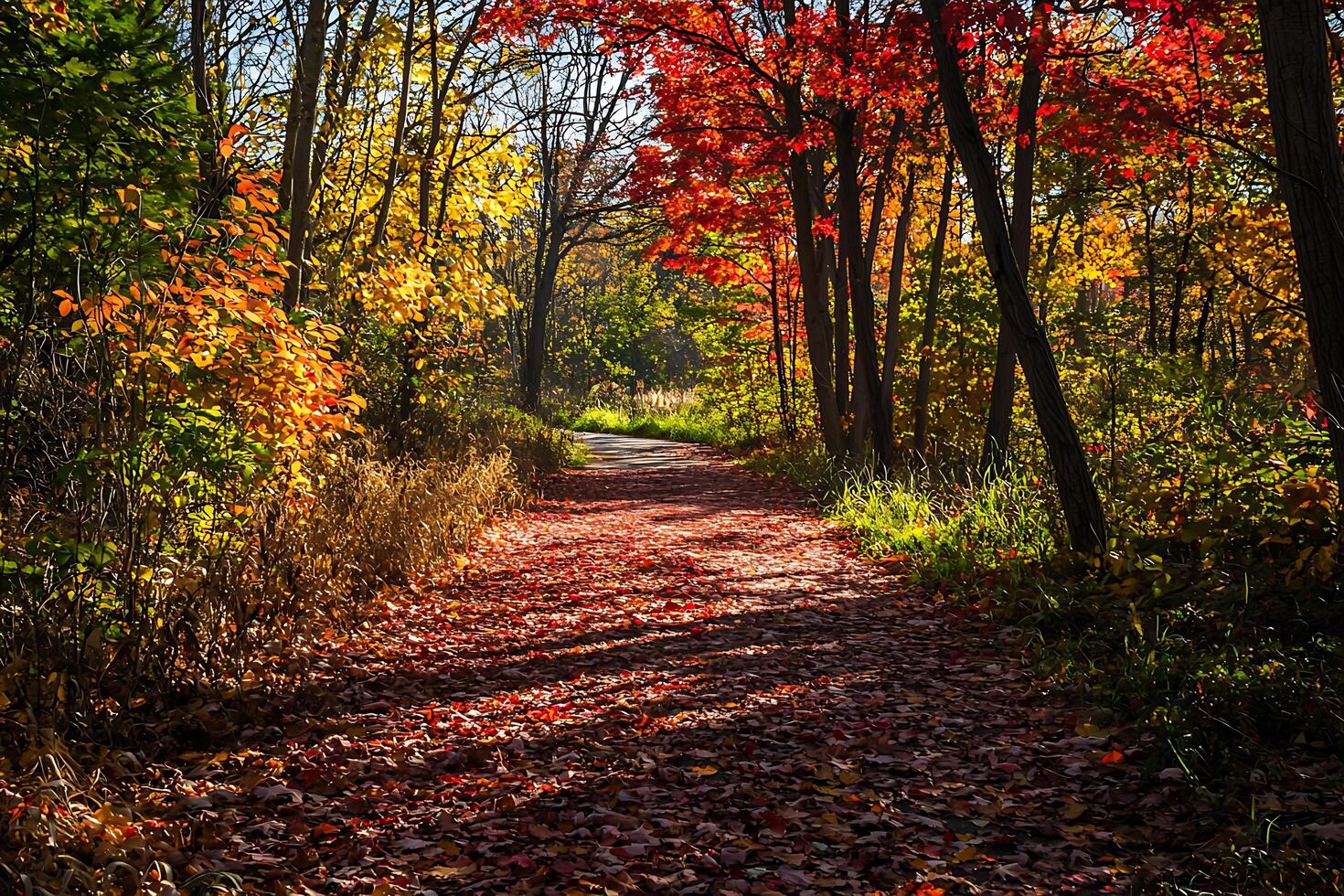 Autumn Path Through Colorful Forest Canopy. A picturesque trail lined with vibrant fall foliage. photo