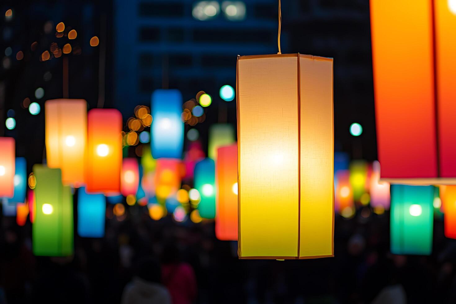 Illuminated Colorful Lanterns Hanging at Night. photo