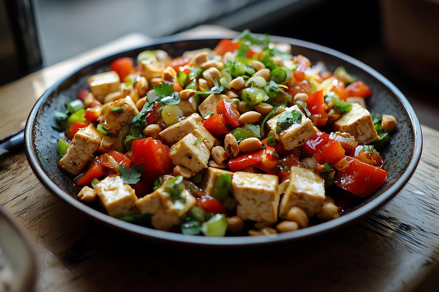 Delicious Tofu and Vegetable Stir-fry in a Dark Bowl. photo